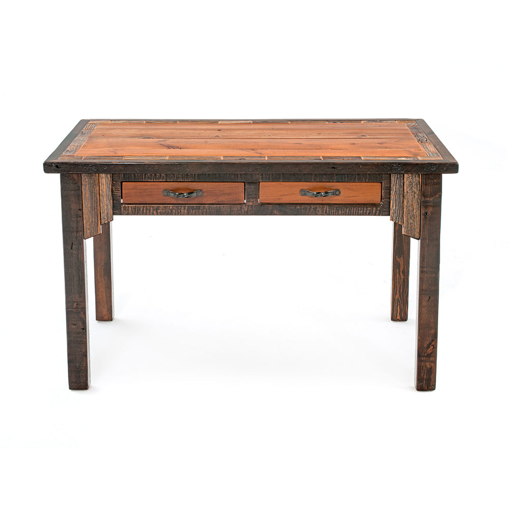 Wooden table with two drawers on a white background