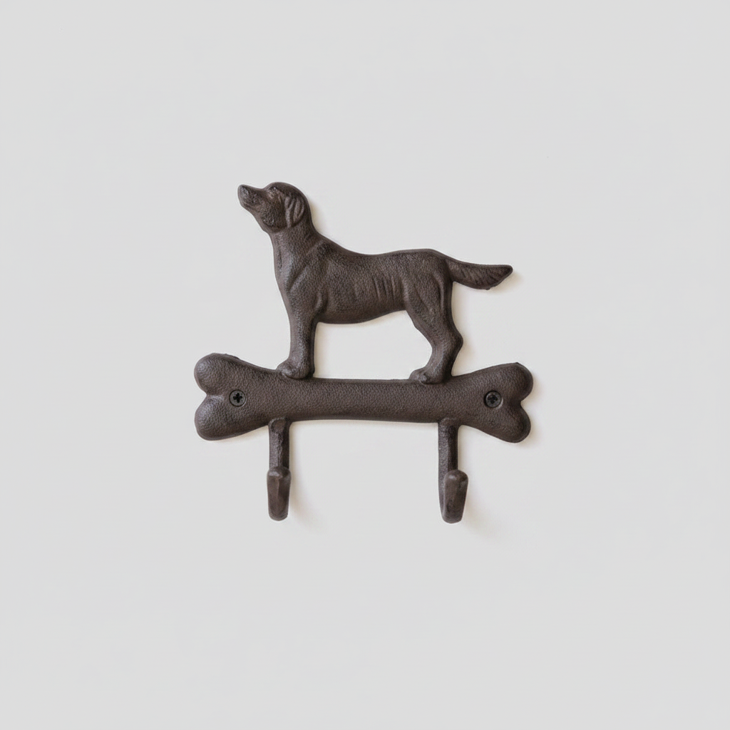 Decorative metal wall hook with dog design on a light gray background