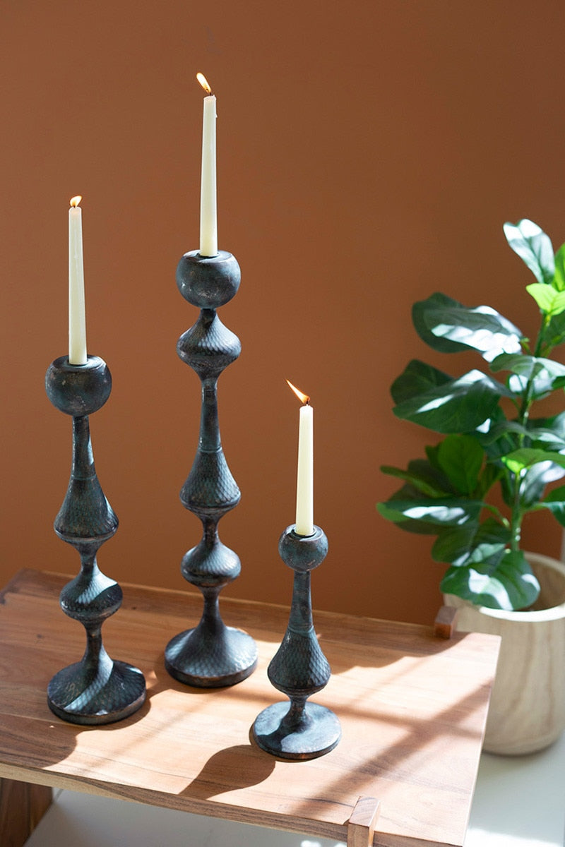 Set of Three Patina Metal Candle Towers