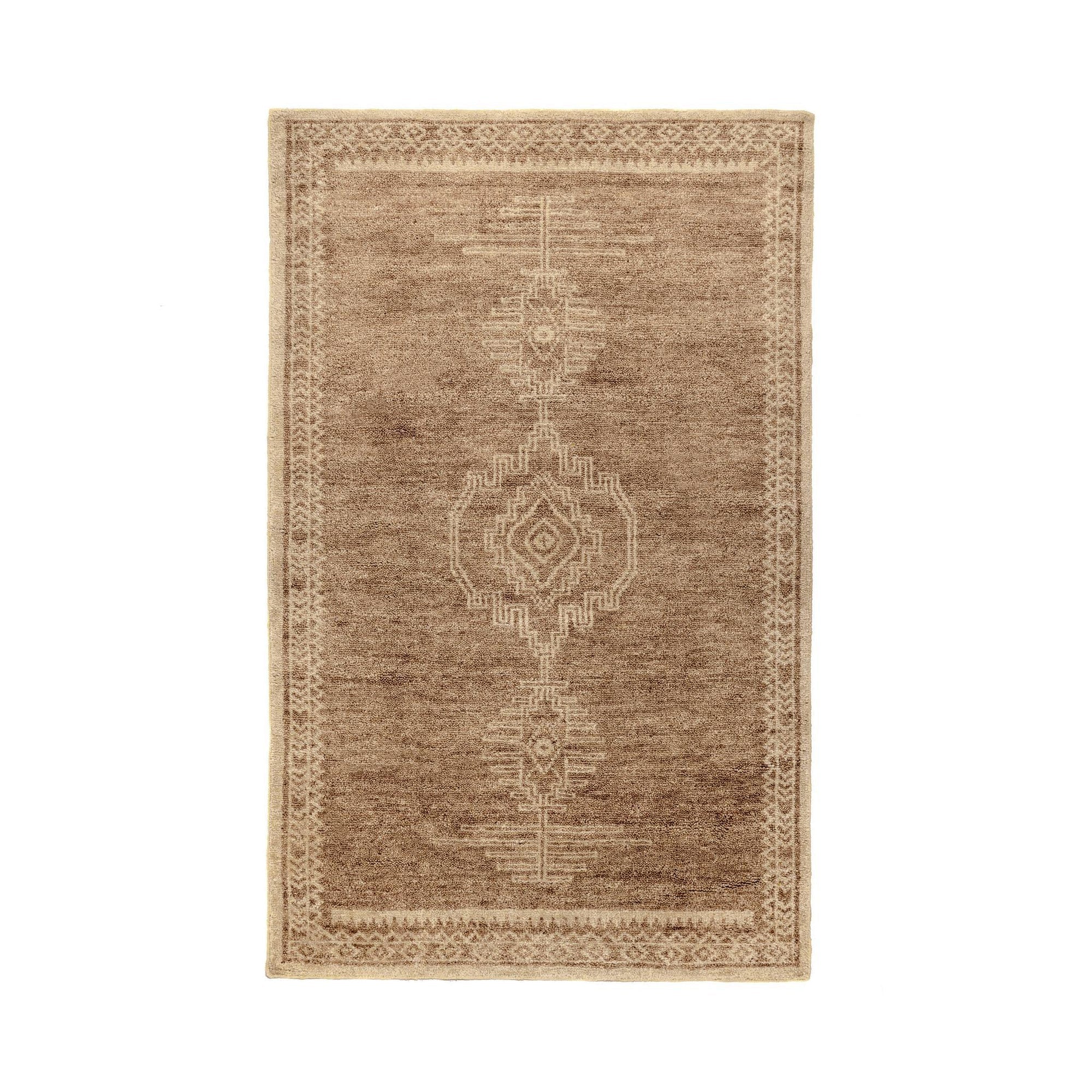 Beige area rug with geometric pattern on a white background