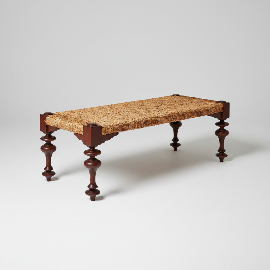 Wooden bench with woven seat on a plain background
