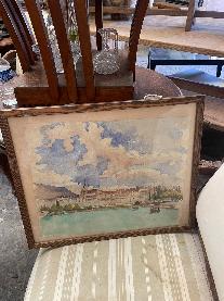 Watercolor painting of the Nice waterfront with the bay opening to the horizon in soft blues
