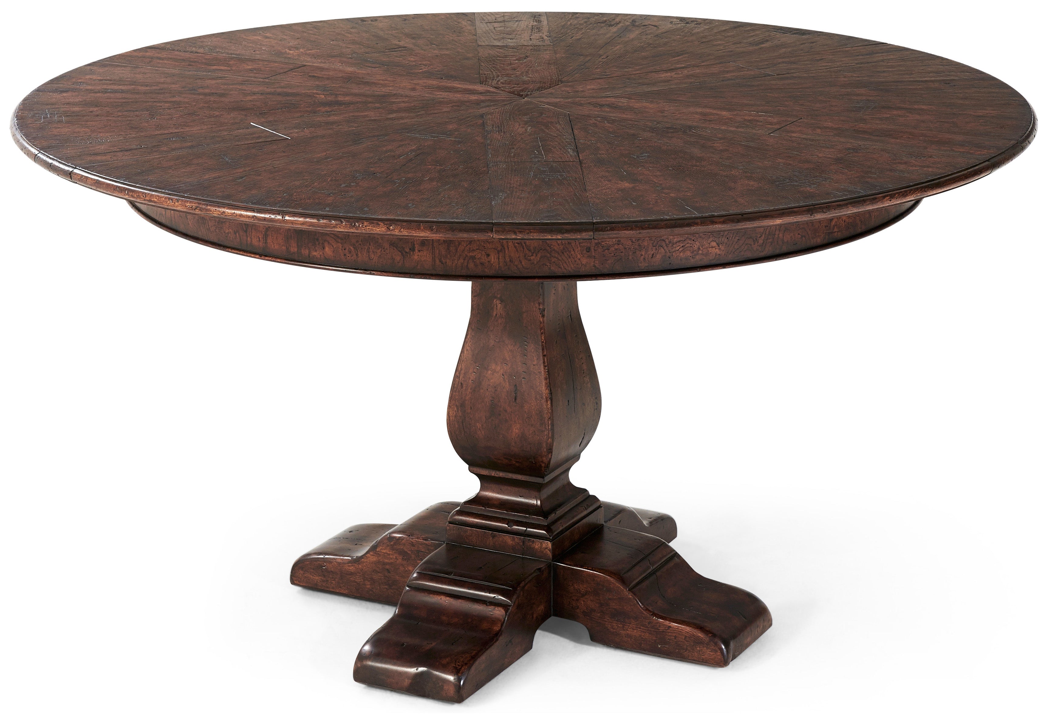 Victory Oak Jupe round extending dining table with segmented burl top on a vase column pedestal