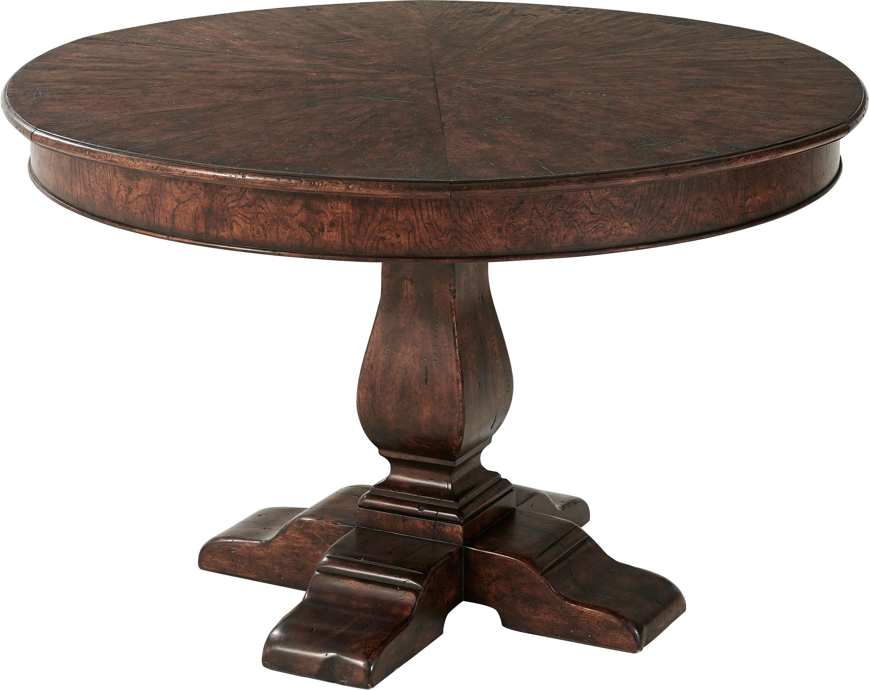 Round jupe dining table in reclaimed oak with radiating chestnut burl top and turned vase pedestal