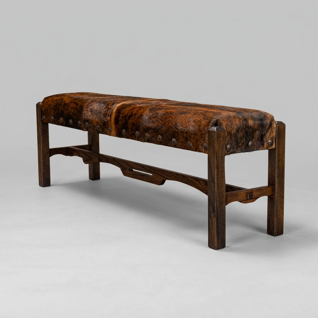 A rustic wooden bench with a brown cowhide upholstered seat, featuring a dark wood frame, decorative nailhead trim, and a curved lower support beam, set against a neutral beige curtain backdrop.