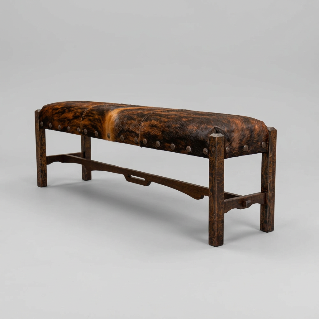 A rustic wooden bench with a dark brown and black cowhide upholstered seat, featuring metal nailhead trim and a sturdy wooden frame, photographed on a neutral light gray background.