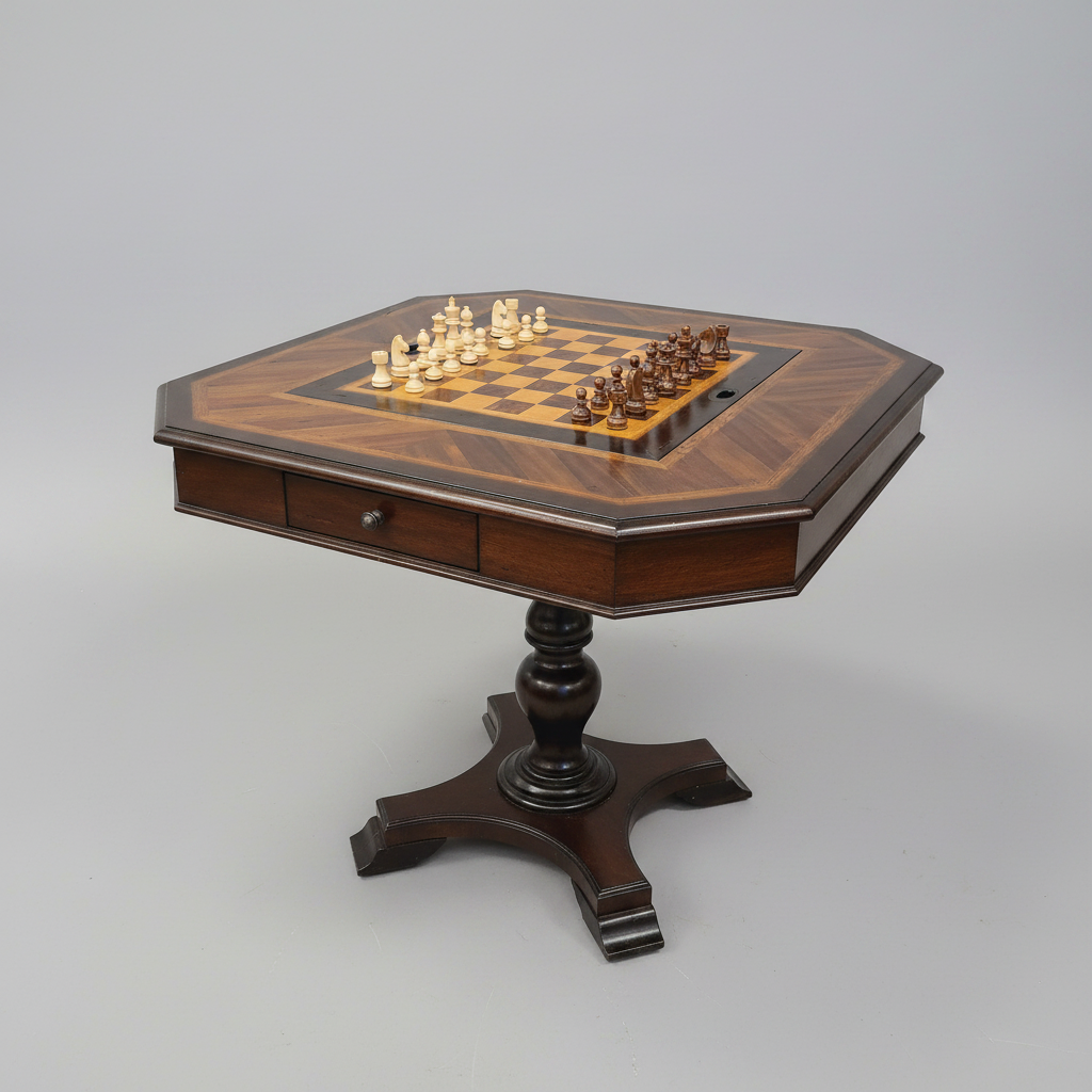 Wooden chess table with chess pieces on a gray background
