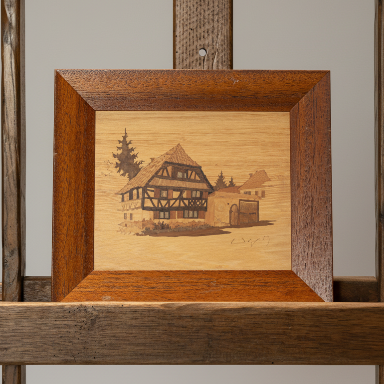 A square wooden picture frame with a hand-painted or inlaid scene of a traditional European half-timber house, displayed on a rustic wooden easel against a neutral gray background.