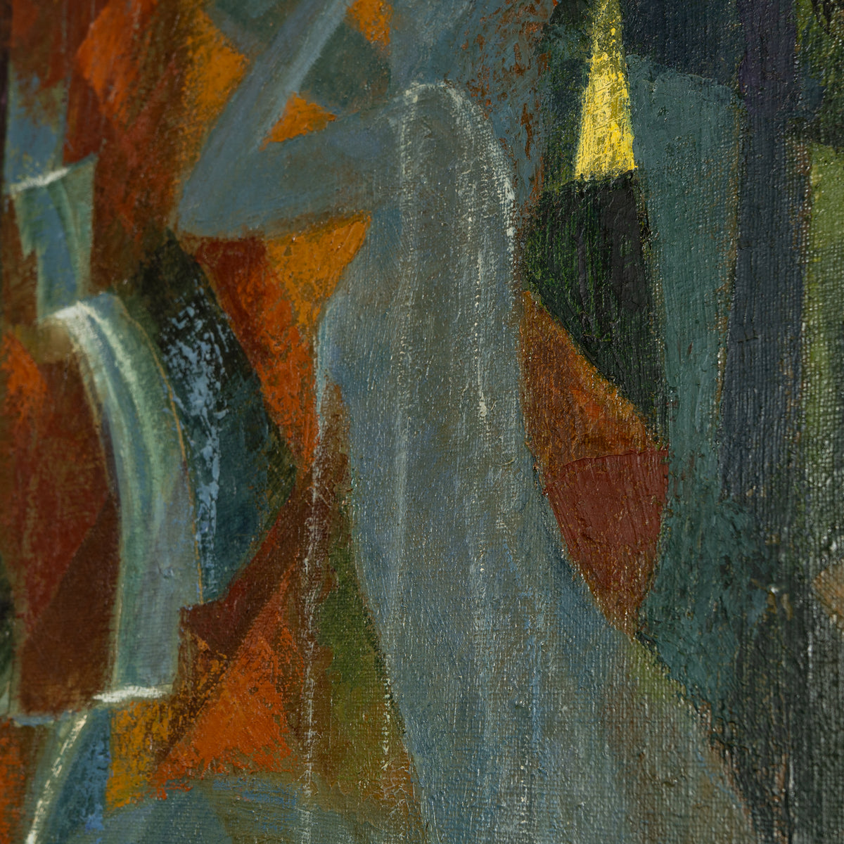 Abstract painting with textured brushstrokes in muted blue-gray, rust orange, dark green, and brown tones, with a small bright yellow accent near the upper right.