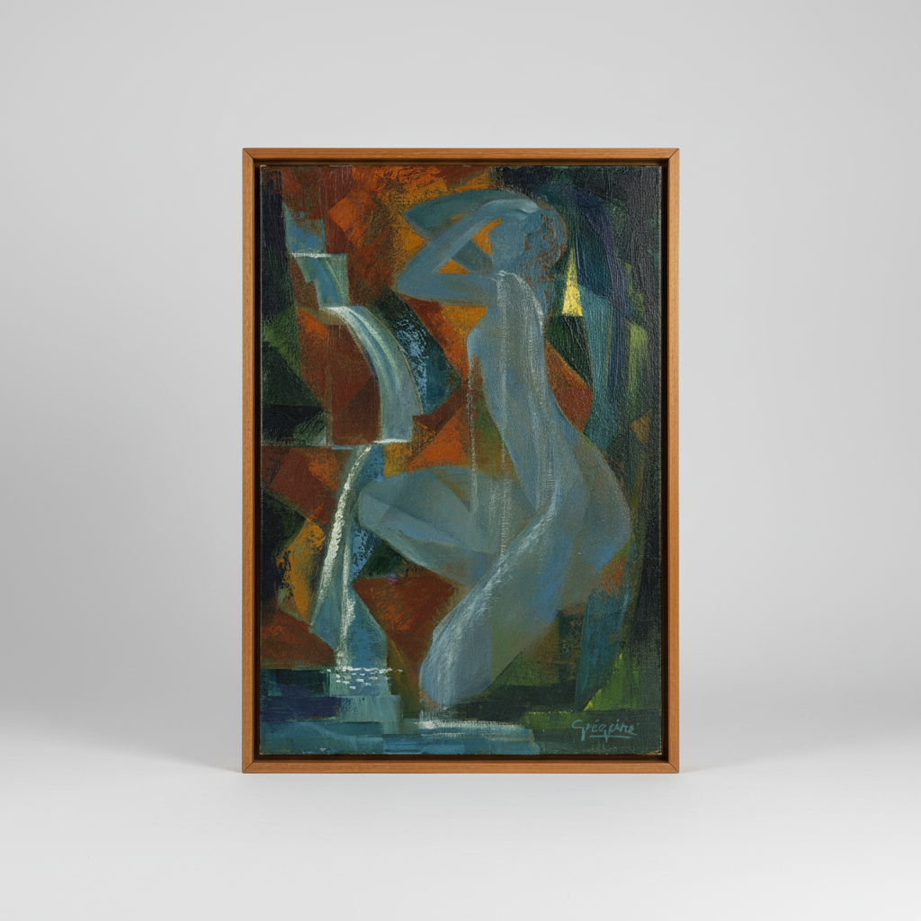 A framed abstract painting featuring a stylized seated female figure in light blue tones, surrounded by geometric shapes in orange, brown, green, and blue, set in a medium brown wooden frame against a light gray background.