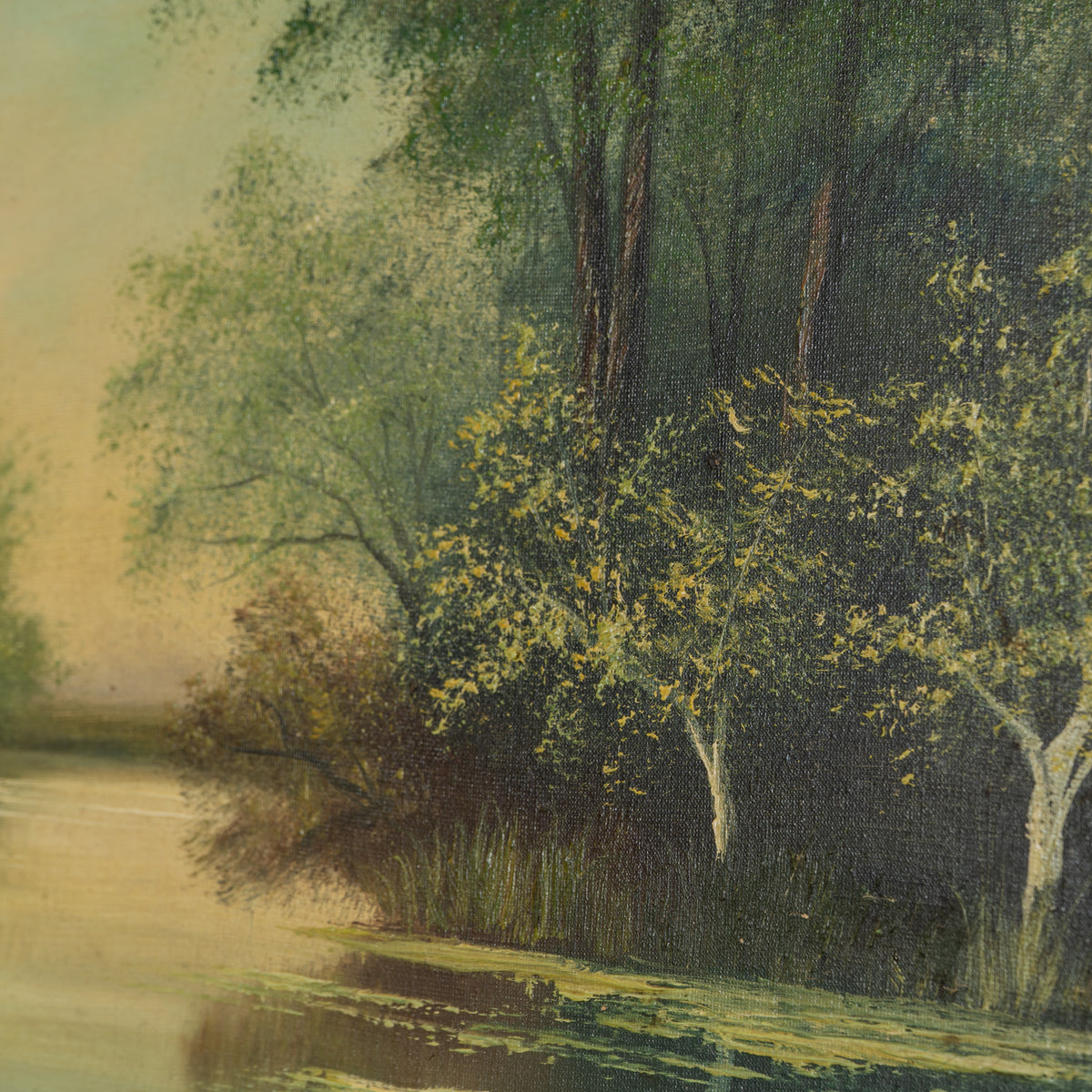 A landscape painting depicting a calm river or lake shoreline with trees, reeds, and soft misty light. The scene has muted greens, browns, and pale yellow highlights, with no visible frame or wall around it.