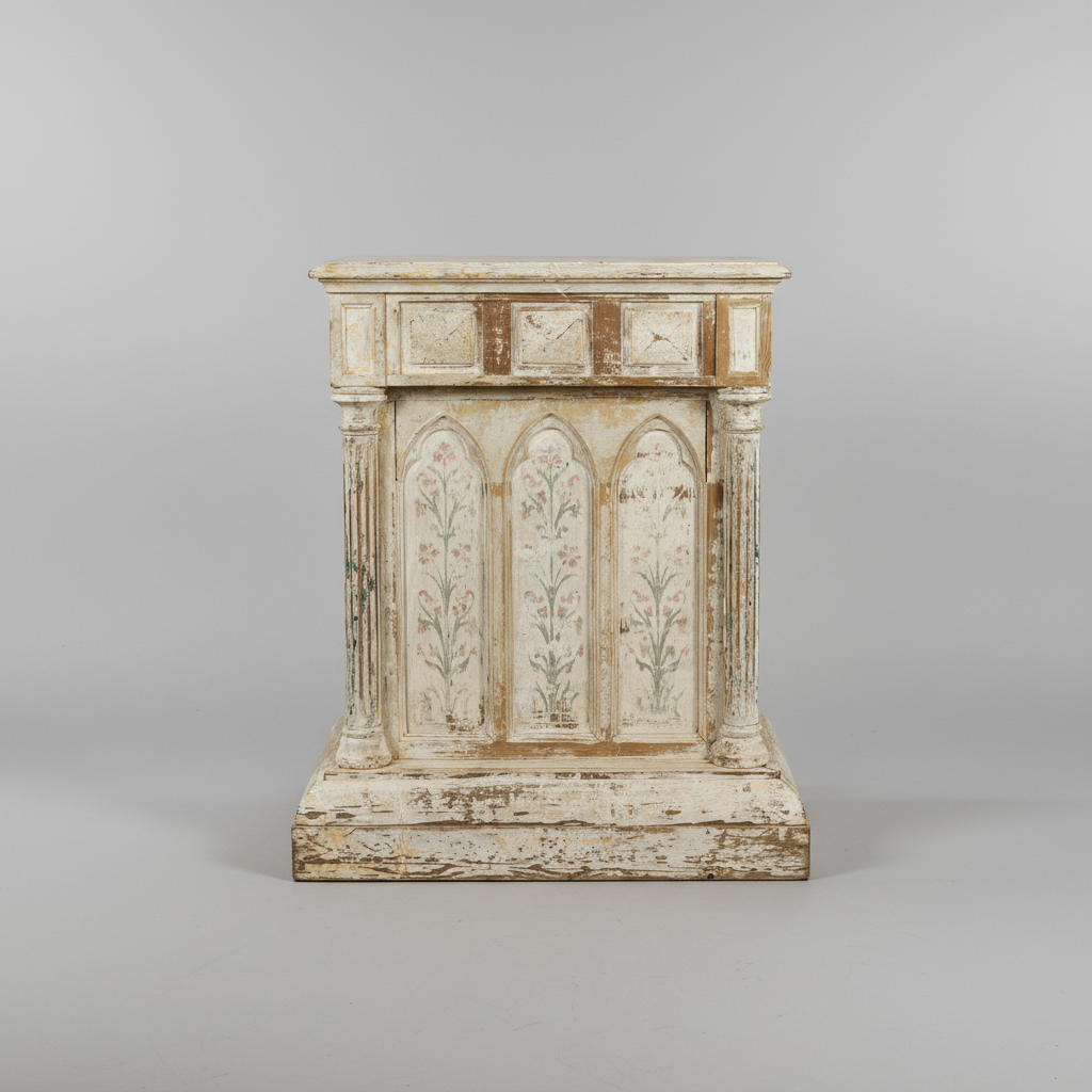 An antique distressed wooden cabinet or chest with a white and beige painted finish, featuring three arched floral panels on the front and decorative columns.