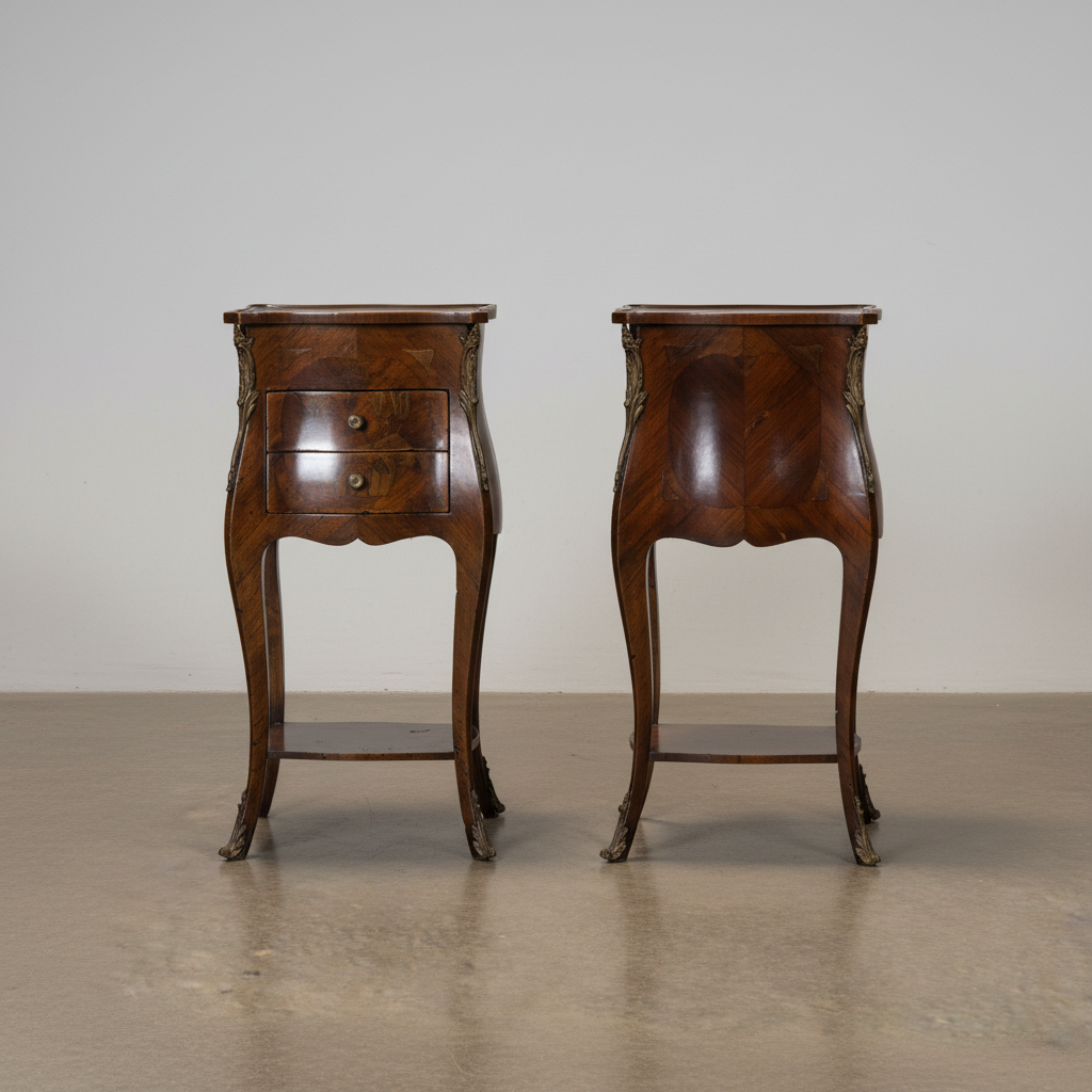 A pair of antique French-style wooden nightstands with curved legs, a central drawer, and brass hardware, photographed against a neutral studio backdrop.