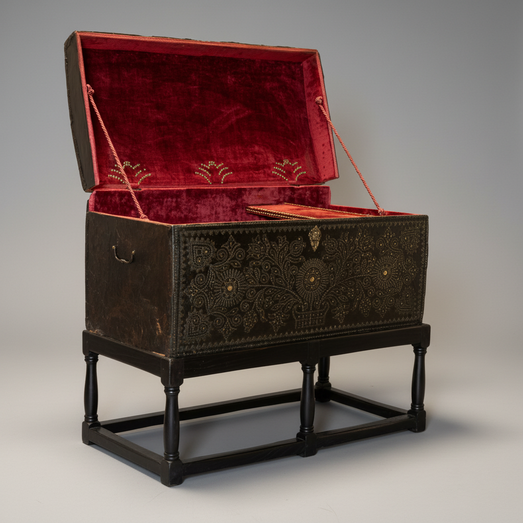 An antique dark brown wooden chest with ornate gold floral engravings, shown open on a black wooden stand. The interior is lined with deep red velvet, and the lid is propped open by cords.