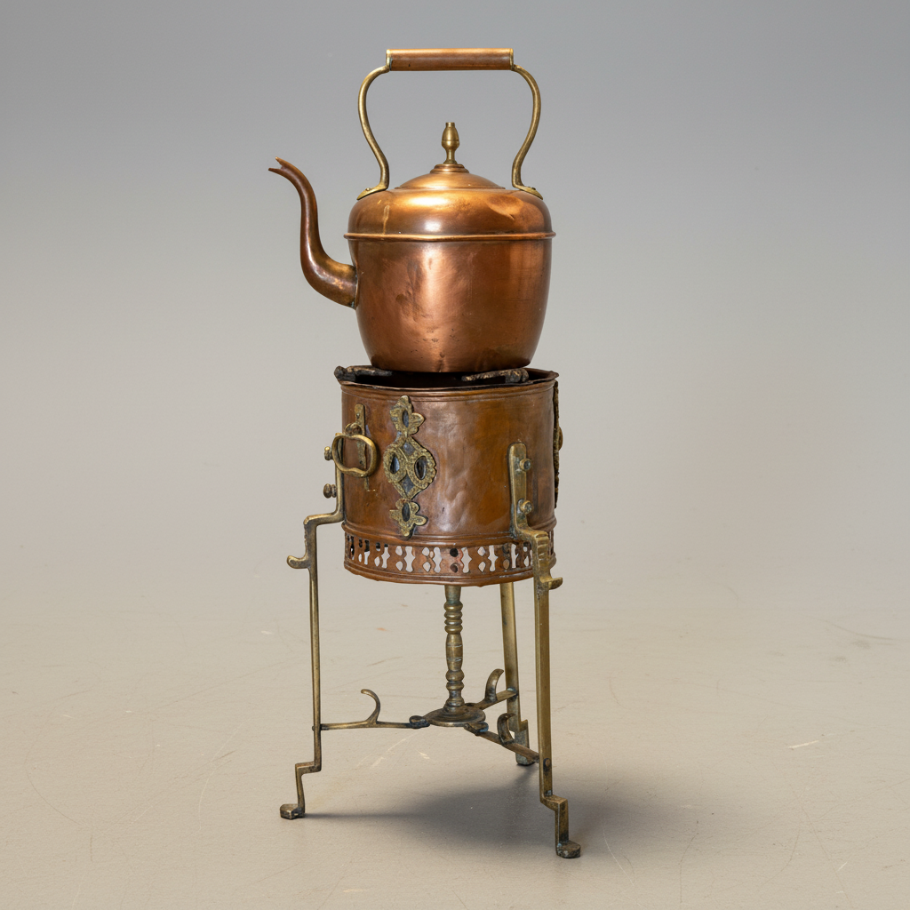 A vintage copper teapot with a handle sits on top of a matching copper and brass burner stand with ornate scrollwork, photographed against a neutral gray studio background.