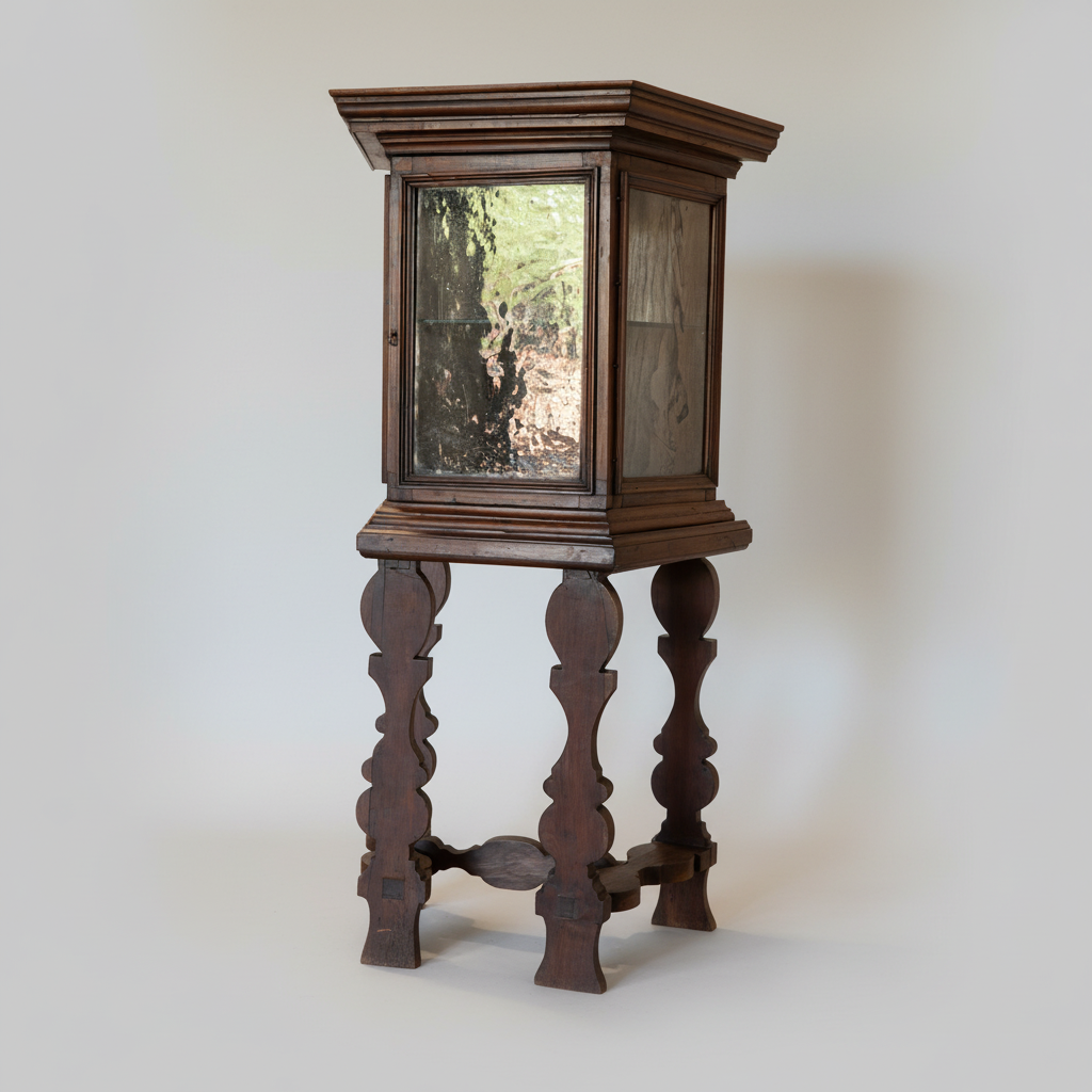 A vintage dark brown wooden display cabinet on a decorative carved stand, featuring mirrored glass doors, photographed against a neutral light gray background.