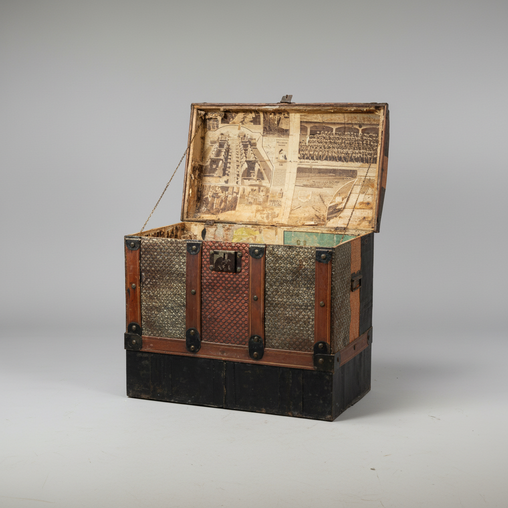 An antique wooden trunk with a hinged lid, shown open against a neutral gray studio background. The trunk features a dark brown wood frame, woven metal side panels, a black-painted lower section, and a vintage newspaper print on the inside of the lid.
