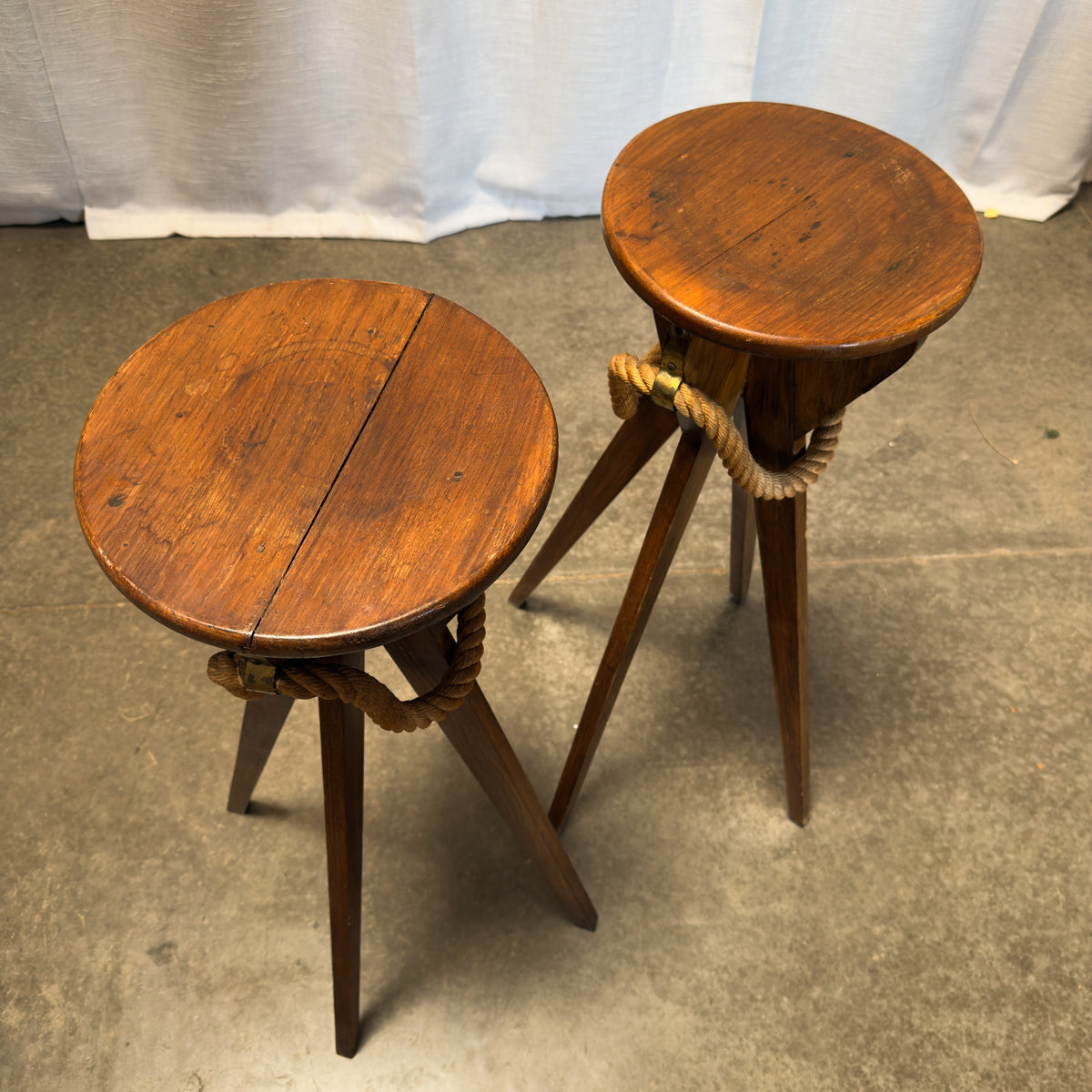 Vintage Audoux-Minet Style Oak Plant Stands, Pair