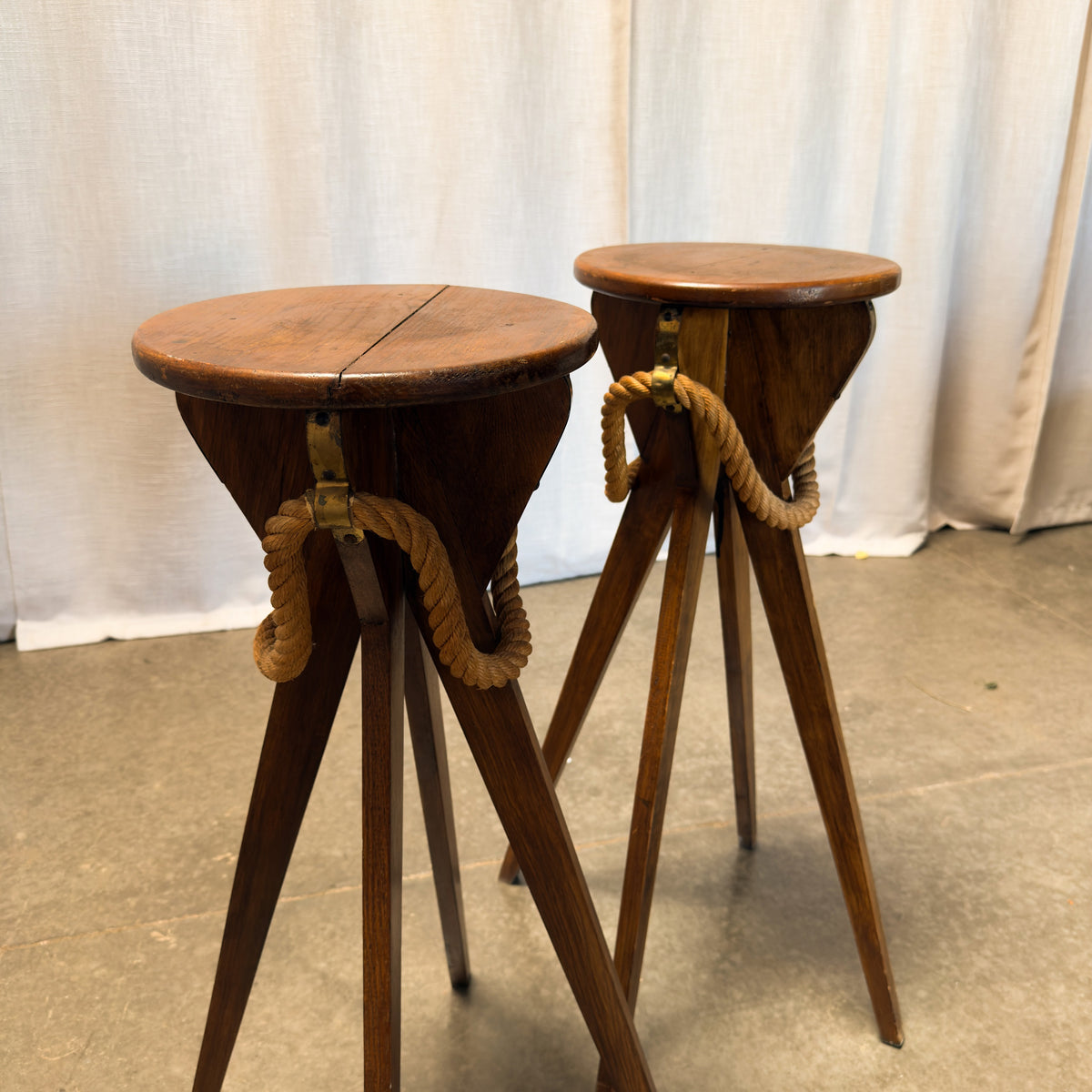 Vintage Audoux-Minet Style Oak Plant Stands, Pair