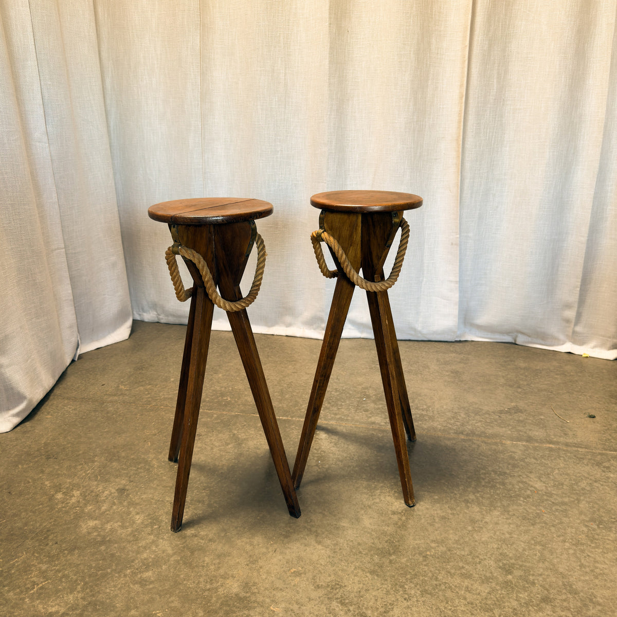 Vintage Audoux-Minet Style Oak Plant Stands, Pair