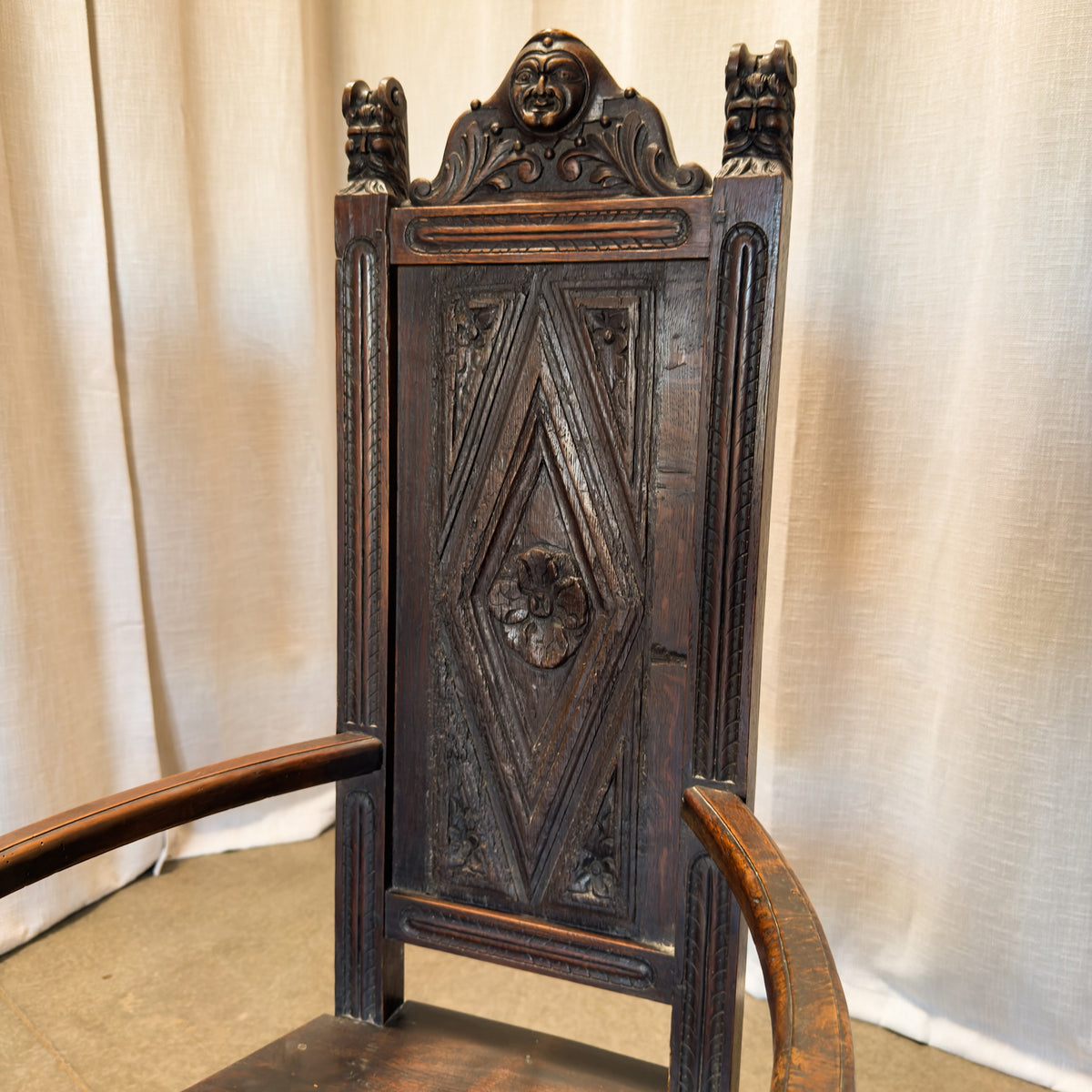 Circa 1900 Henri II Neo-Gothic Carved Oak Armchairs, Pair