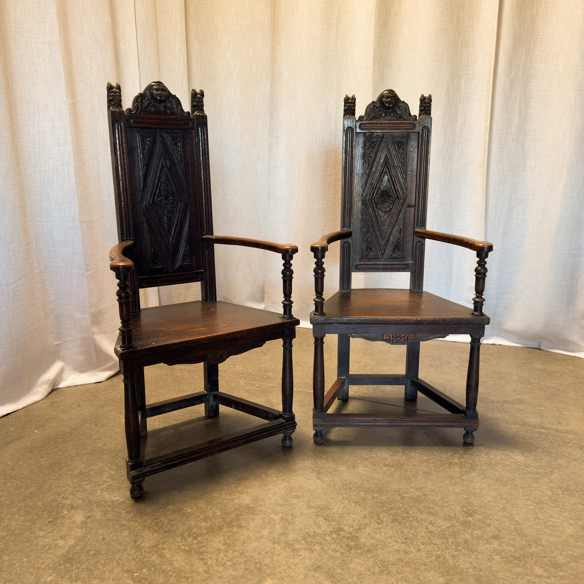 Circa 1900 Henri II Neo-Gothic Carved Oak Armchairs, Pair