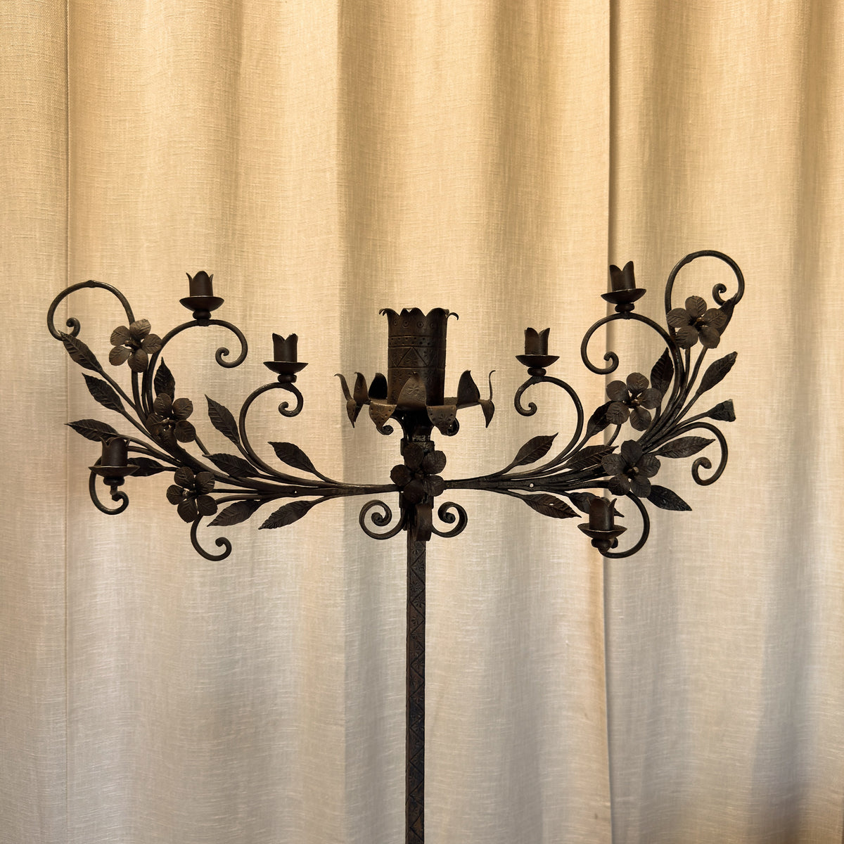 Circa 1900 Antique Wrought Iron Gothic Triple Candelabra