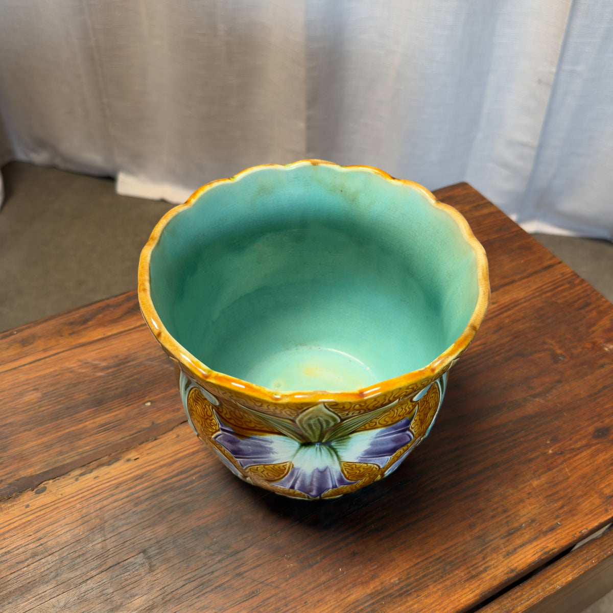 Antique French Barbotine Floral Cachepot Pair