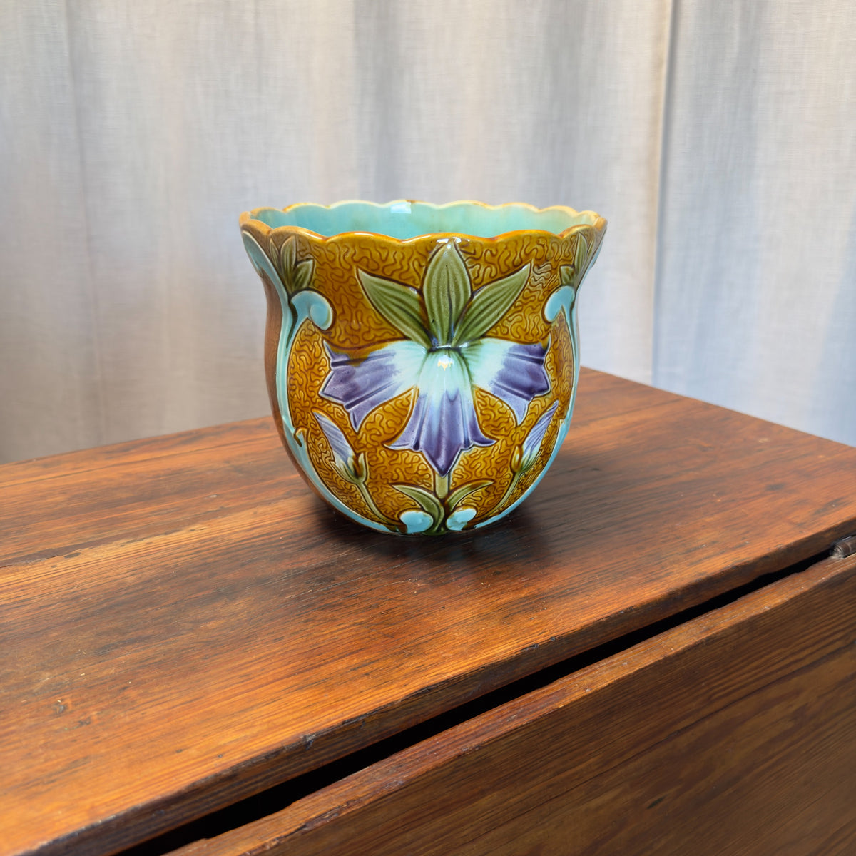 Antique French Barbotine Floral Cachepot Pair