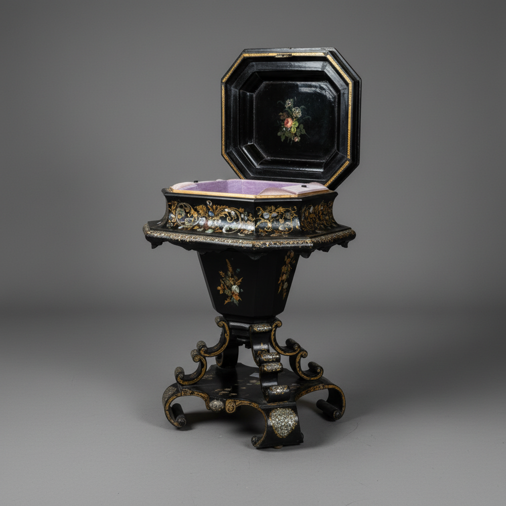 From 1880 Napoleon III Black Lacquer Table de Modiste