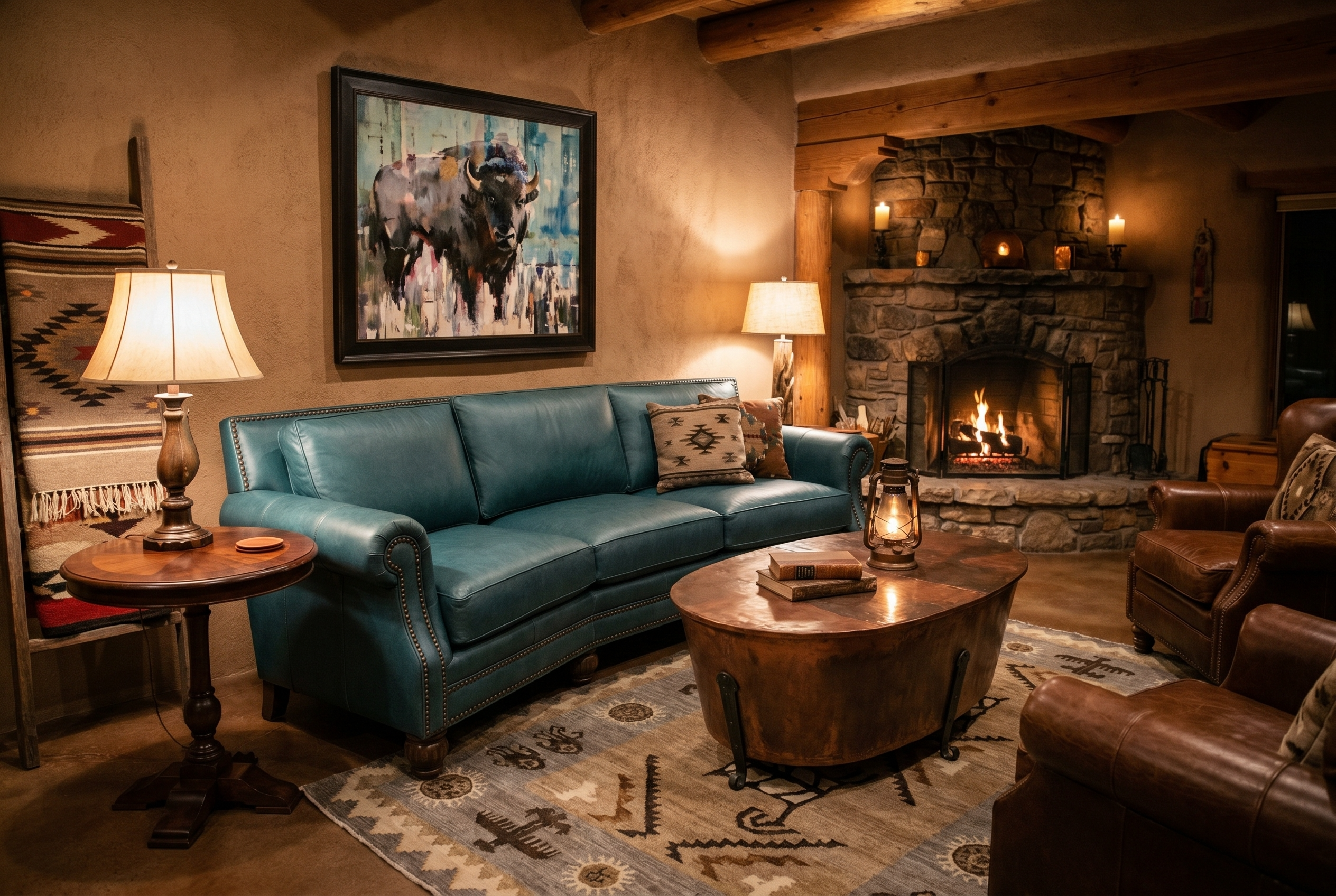 A western living room featuring a blue sofa and rustic accents designed by Fiesta Furnishings in Scottsdale, Arizona.