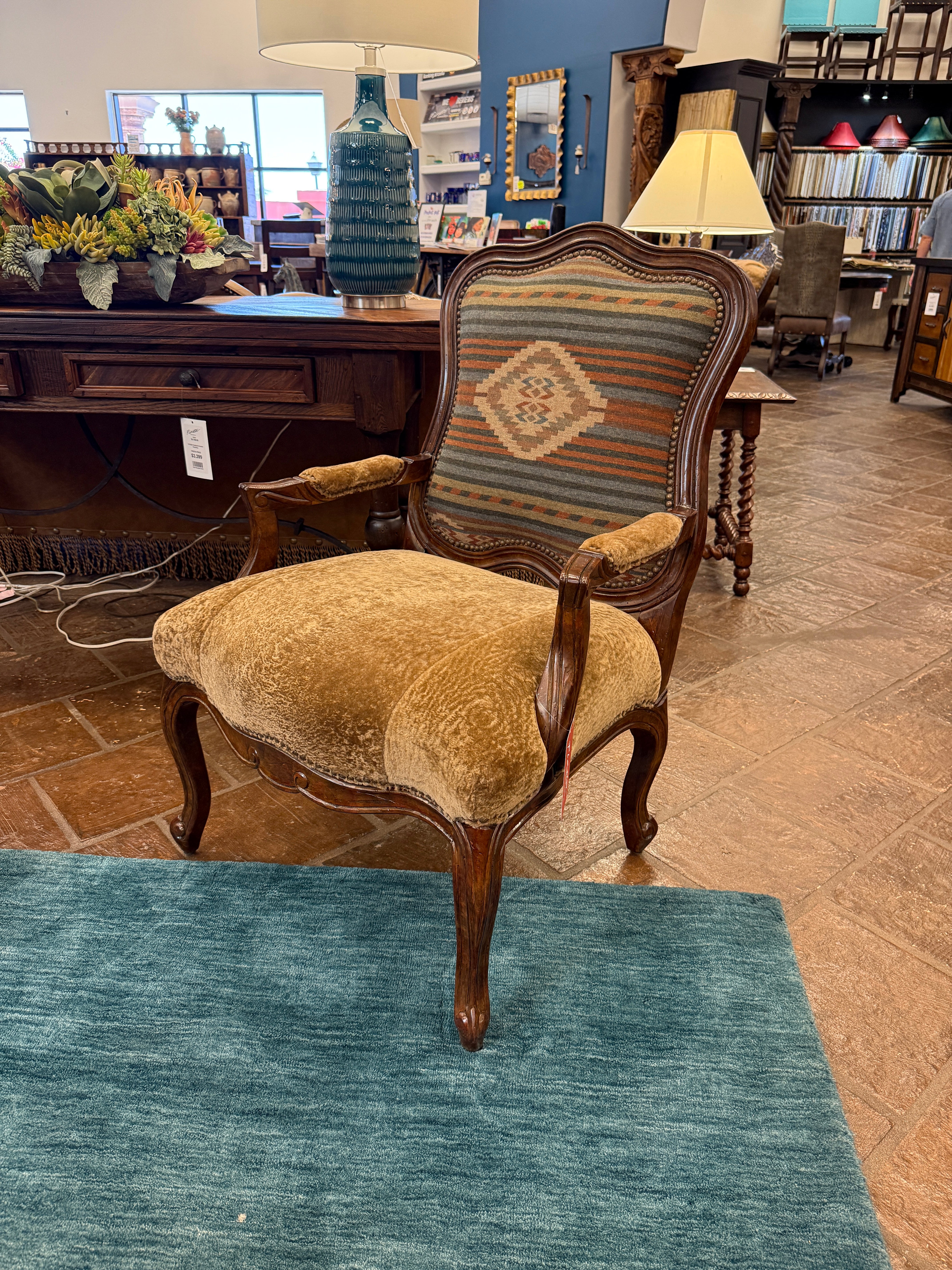 Vintage chair with patterned backrest in a store setting