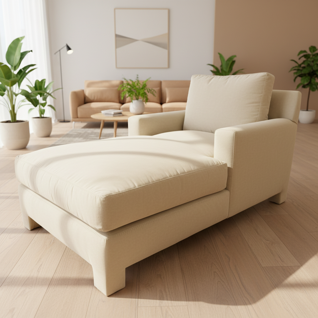 Beige armchair in a modern living room with plants and a couch.