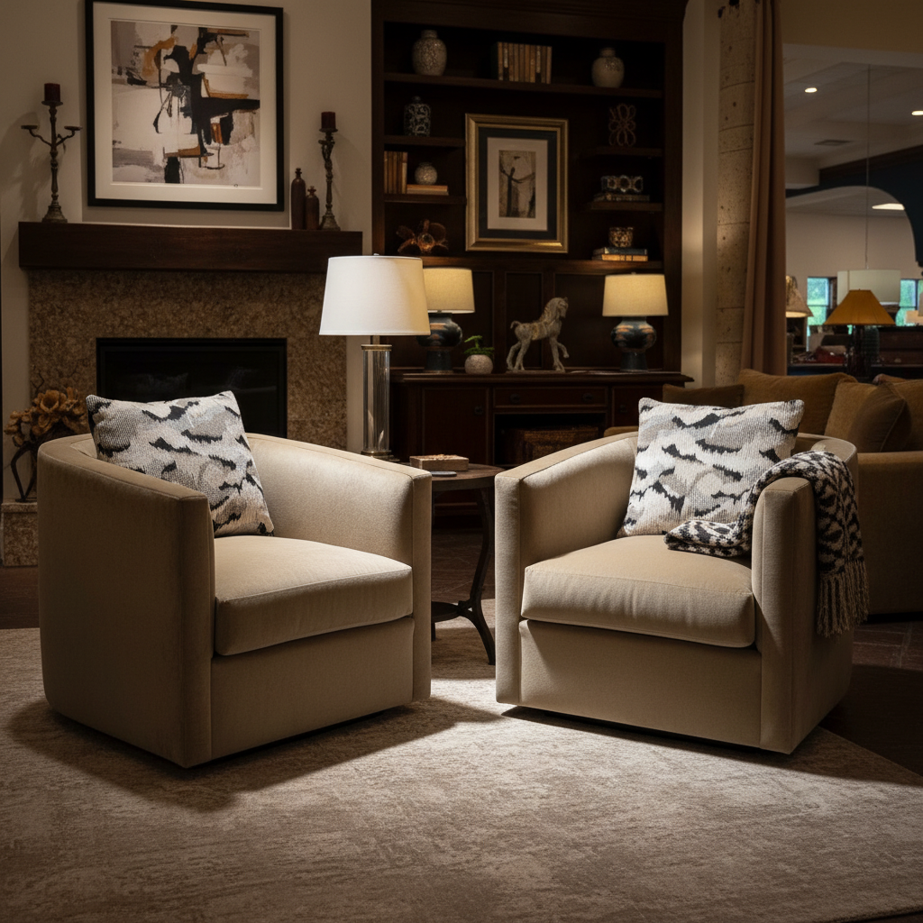 Two beige armchairs with patterned cushions in a living room setting.