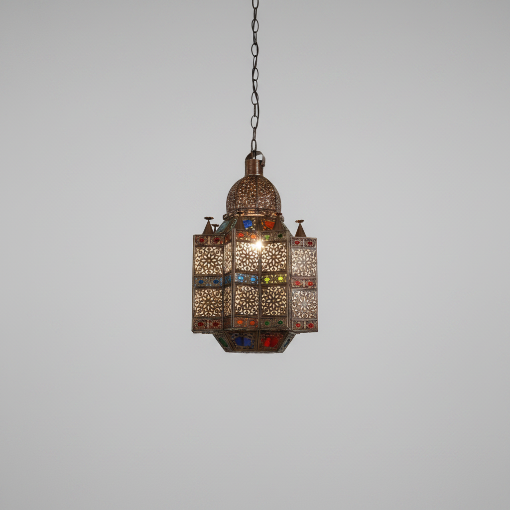 A hanging Moroccan-style lantern with intricate cutout metalwork and colorful stained glass panels, illuminated against a plain light gray background.