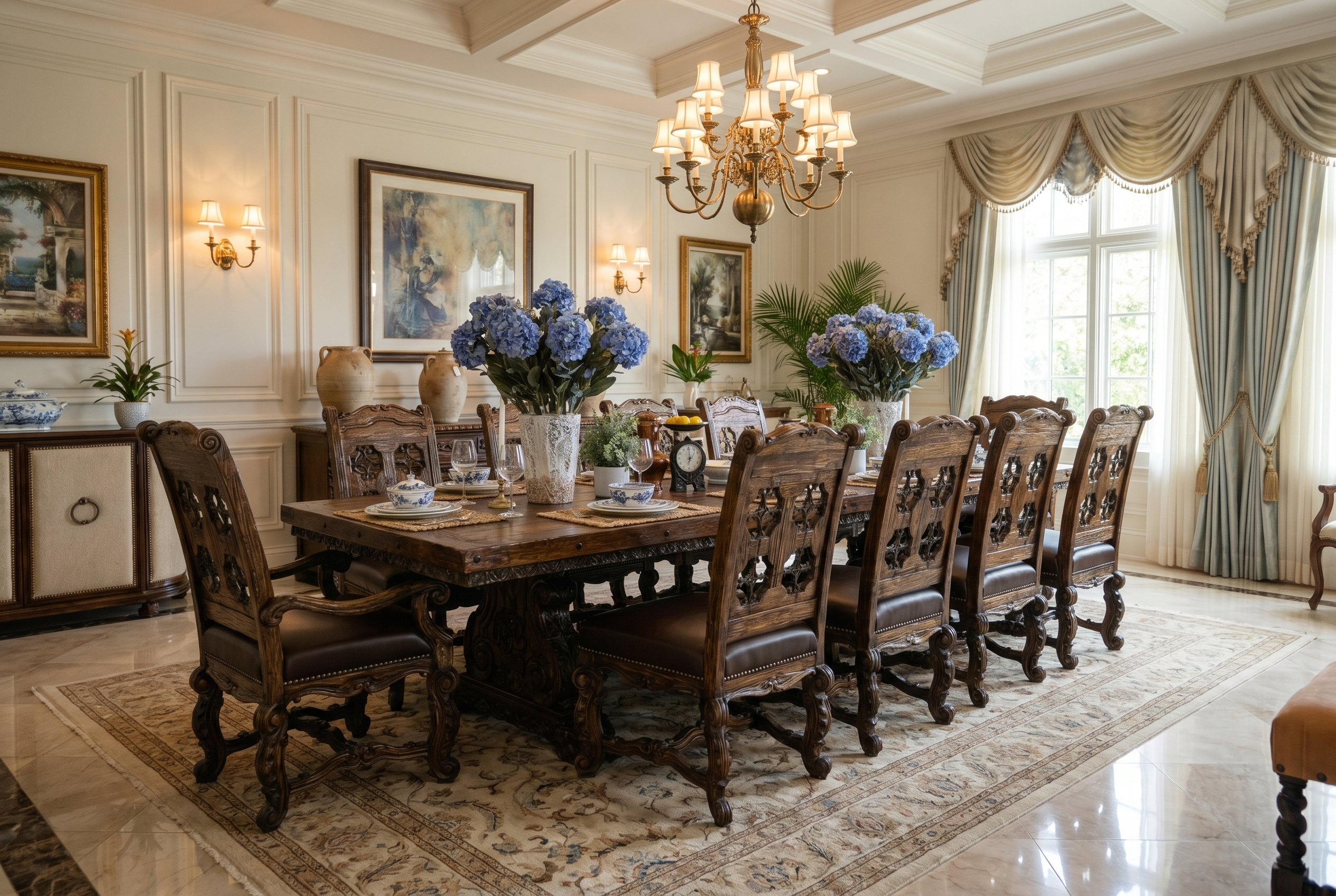 Jason Scott Sacred Heart dining table with Iron Cross dining chairs displayed in the Fiesta Furnishings showroom in Scottsdale, Arizona.