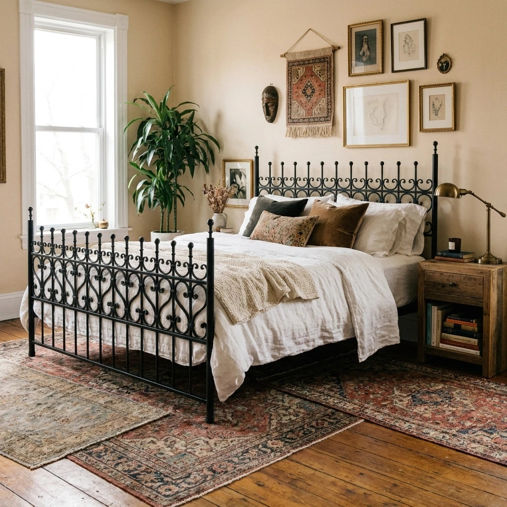 An iron bed in a rustic bedroom at Fiesta Furnishings in Scottsdale, Arizona.