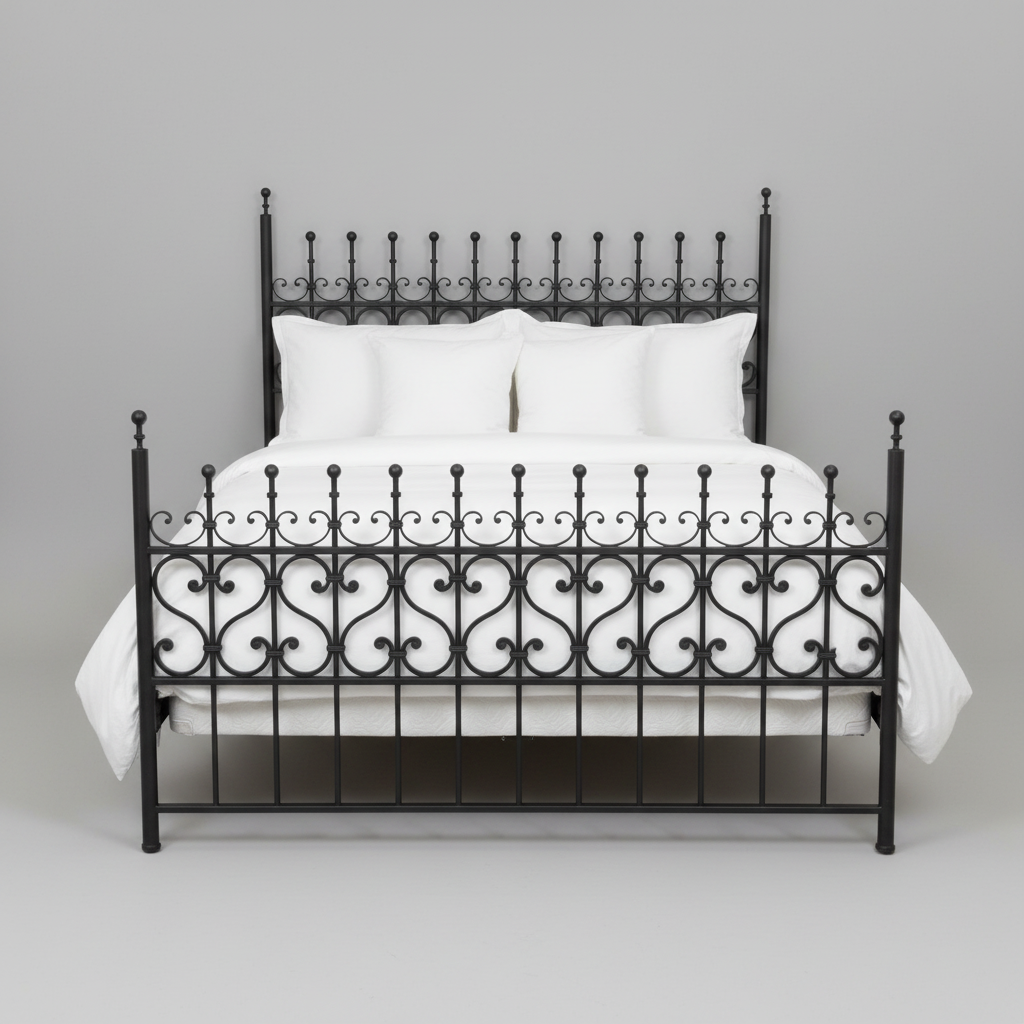 A black metal southwestern bed with white bedding at Fiesta Furnishings in Scottsdale AZ.