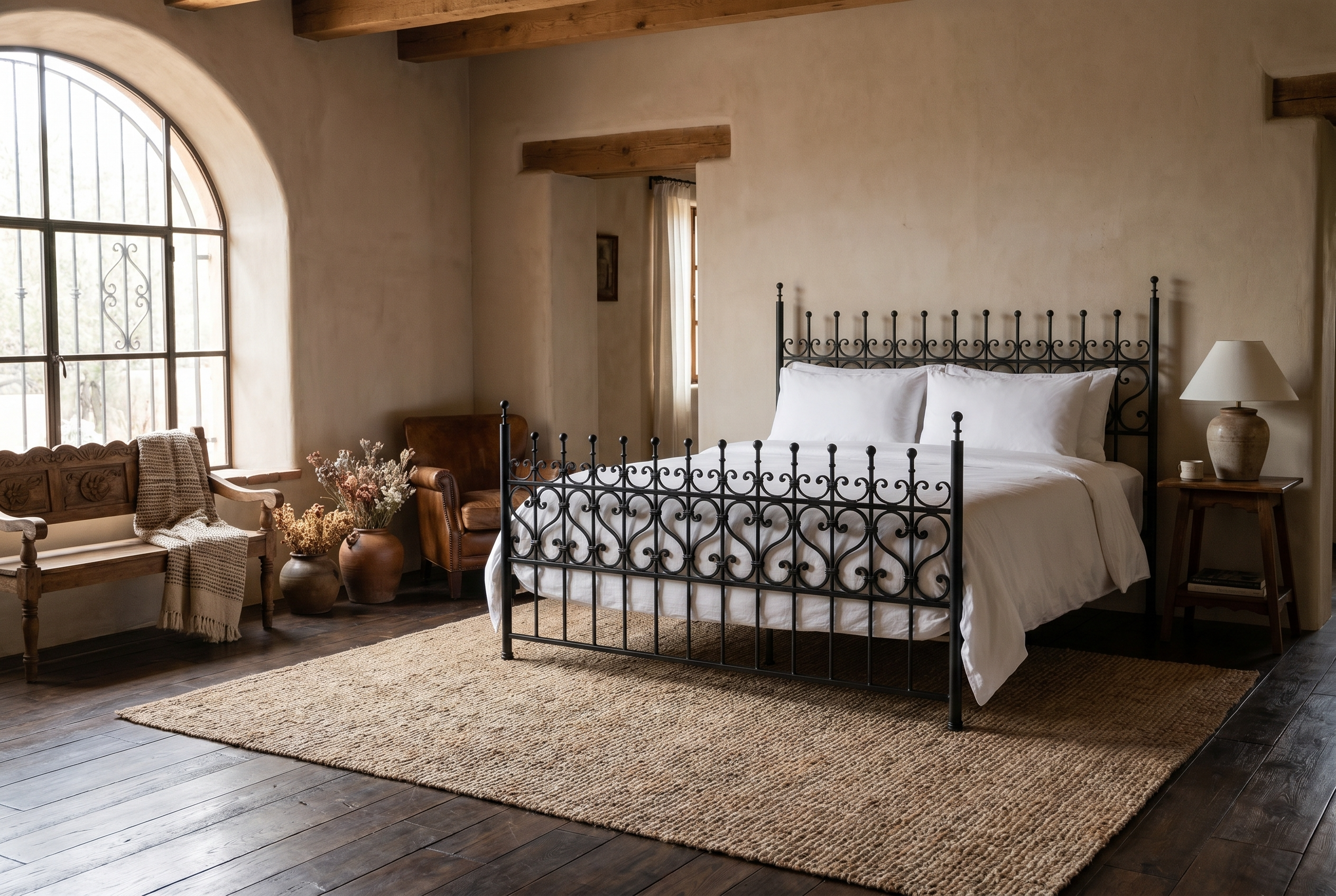 Luxury iron bed and rustic bedroom furniture displayed at Fiesta Furnishings in Scottsdale, Arizona.