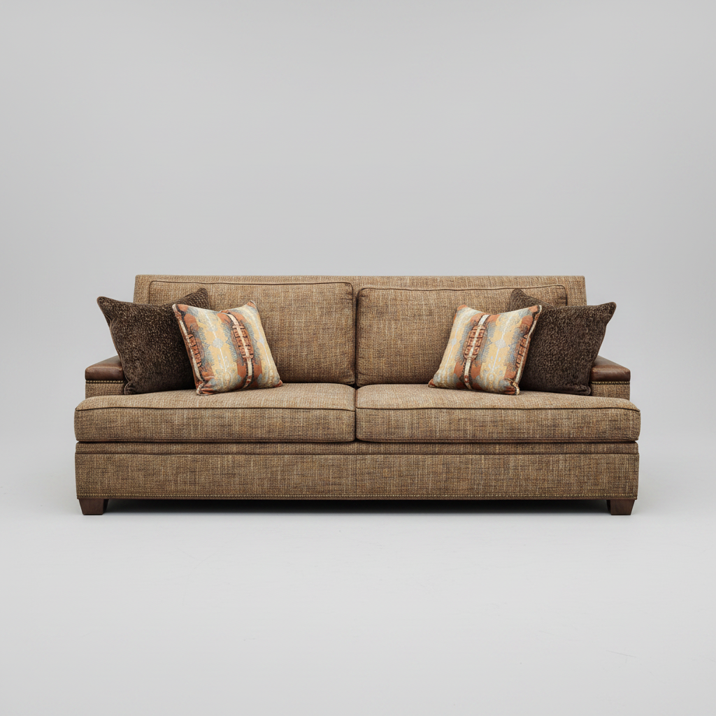Brown sofa with patterned cushions on a gray background