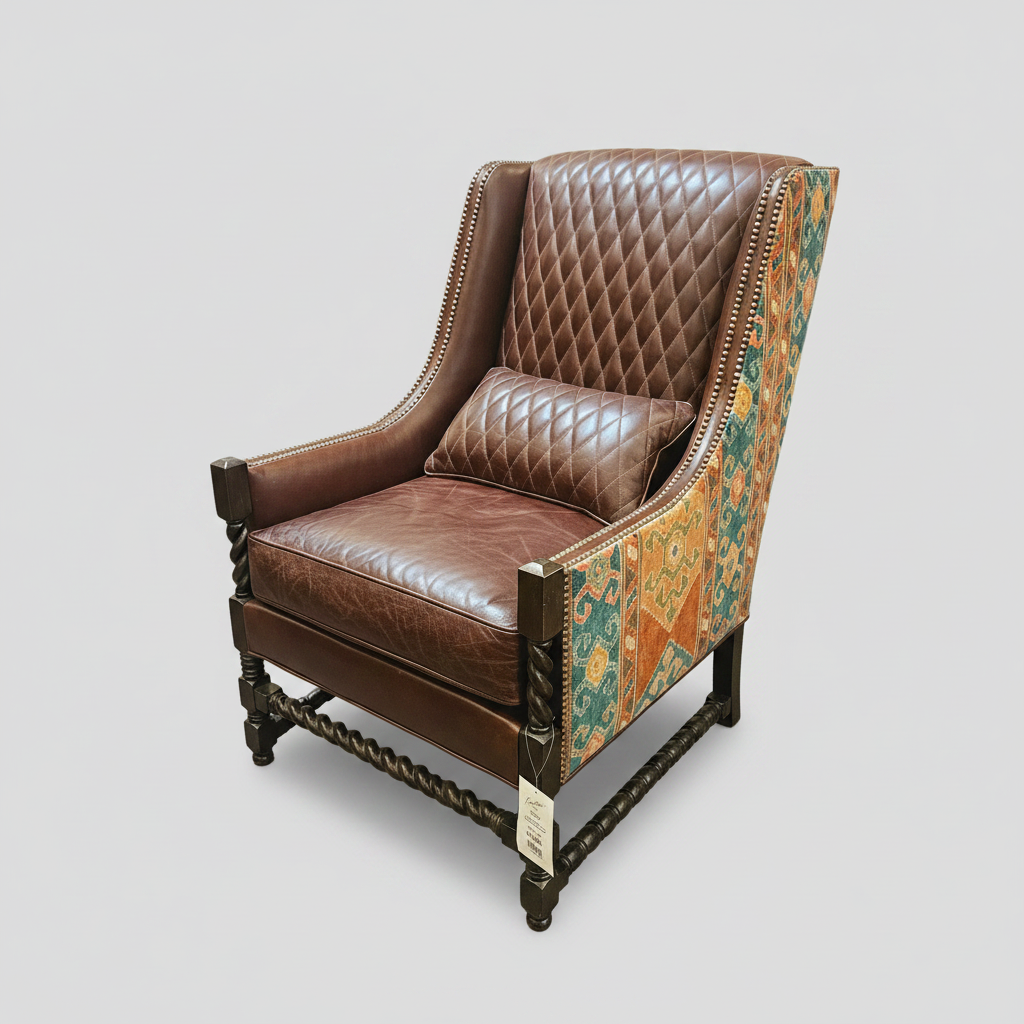 Brown leather armchair with patterned backrest on a light gray background