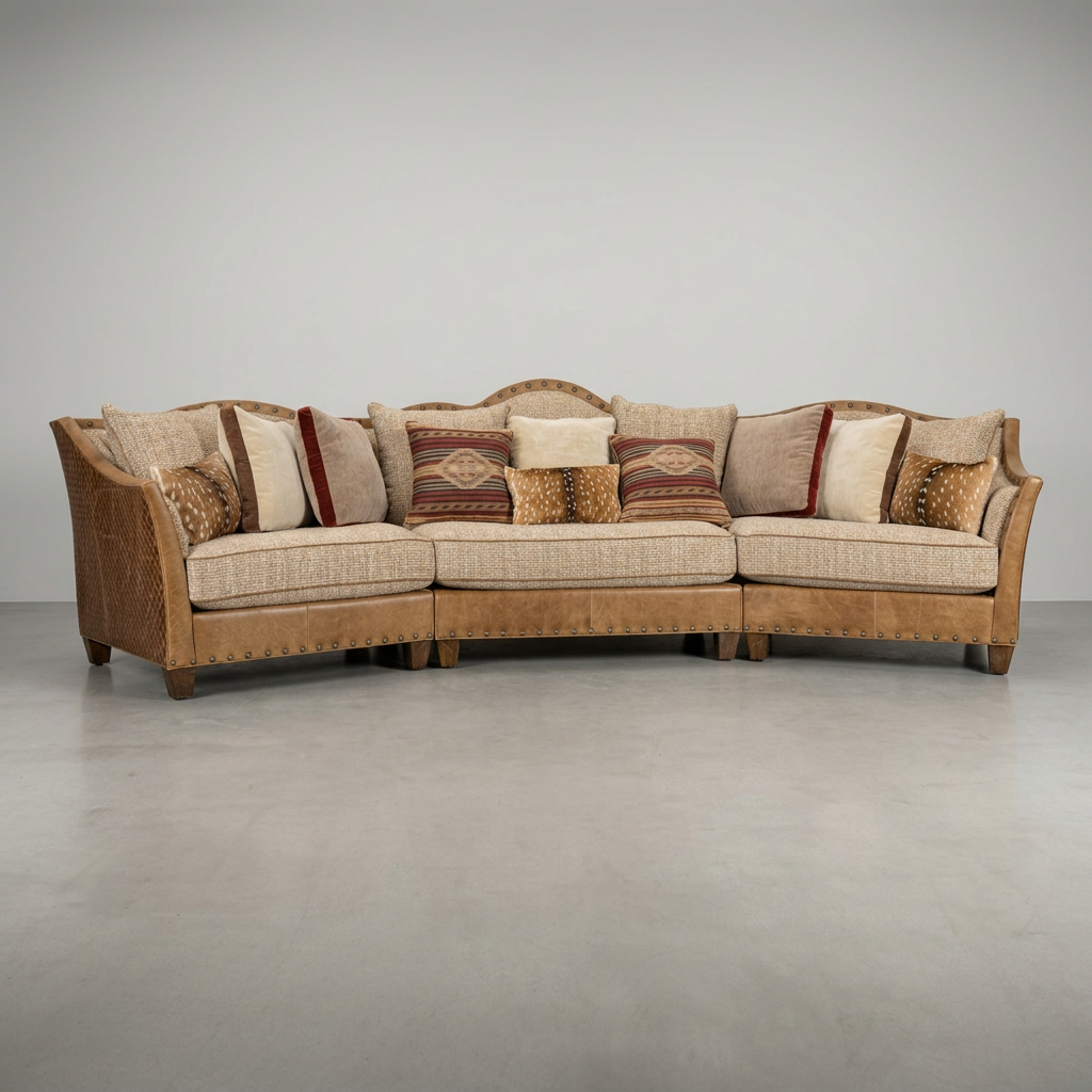 A curved sectional sofa upholstered in beige textured fabric with a brown suede-like armrest and base, accented with multiple decorative throw pillows, photographed in a minimalist studio setting with a gray concrete floor and neutral gray wall.