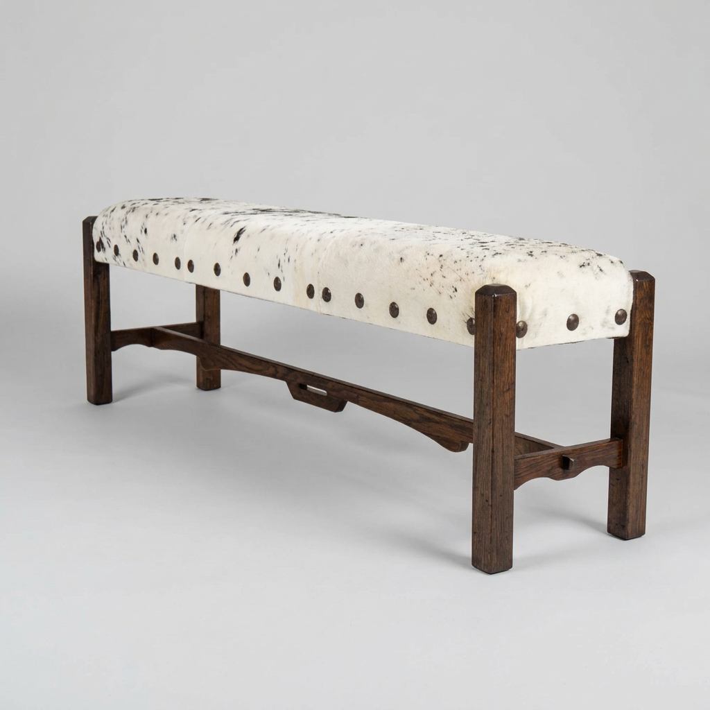 A rustic wooden bench with a white cowhide upholstered seat featuring black spots and metal studs, set against a neutral curtain backdrop.