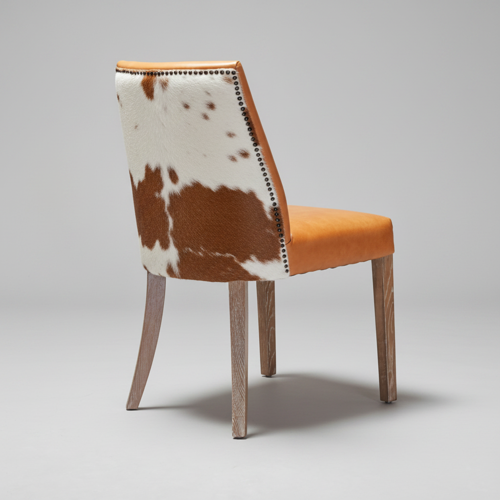 A modern dining chair featuring a brown and white cowhide upholstered backrest with black nailhead trim, orange-brown seat upholstery, and four tapered wood legs, shown against a neutral gray studio background.