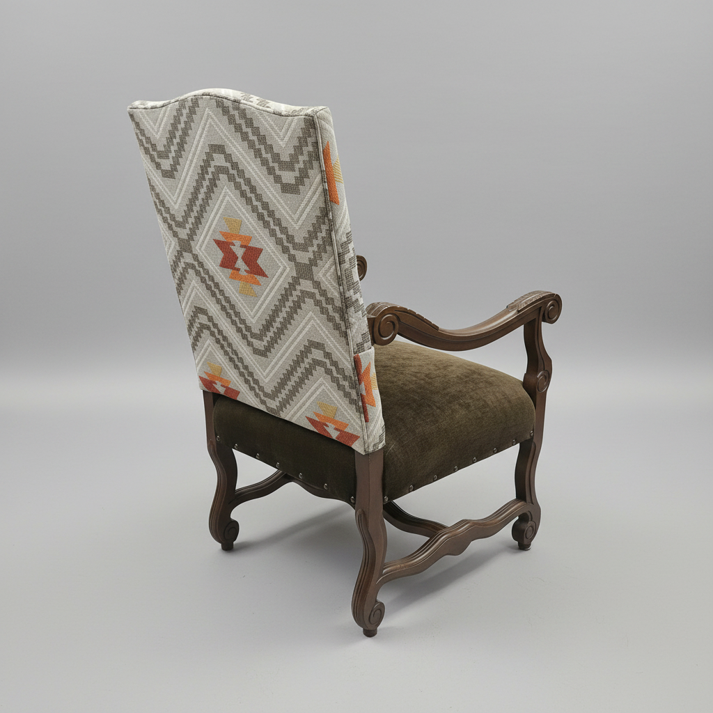 Chair with patterned backrest and wooden armrests on a gray background