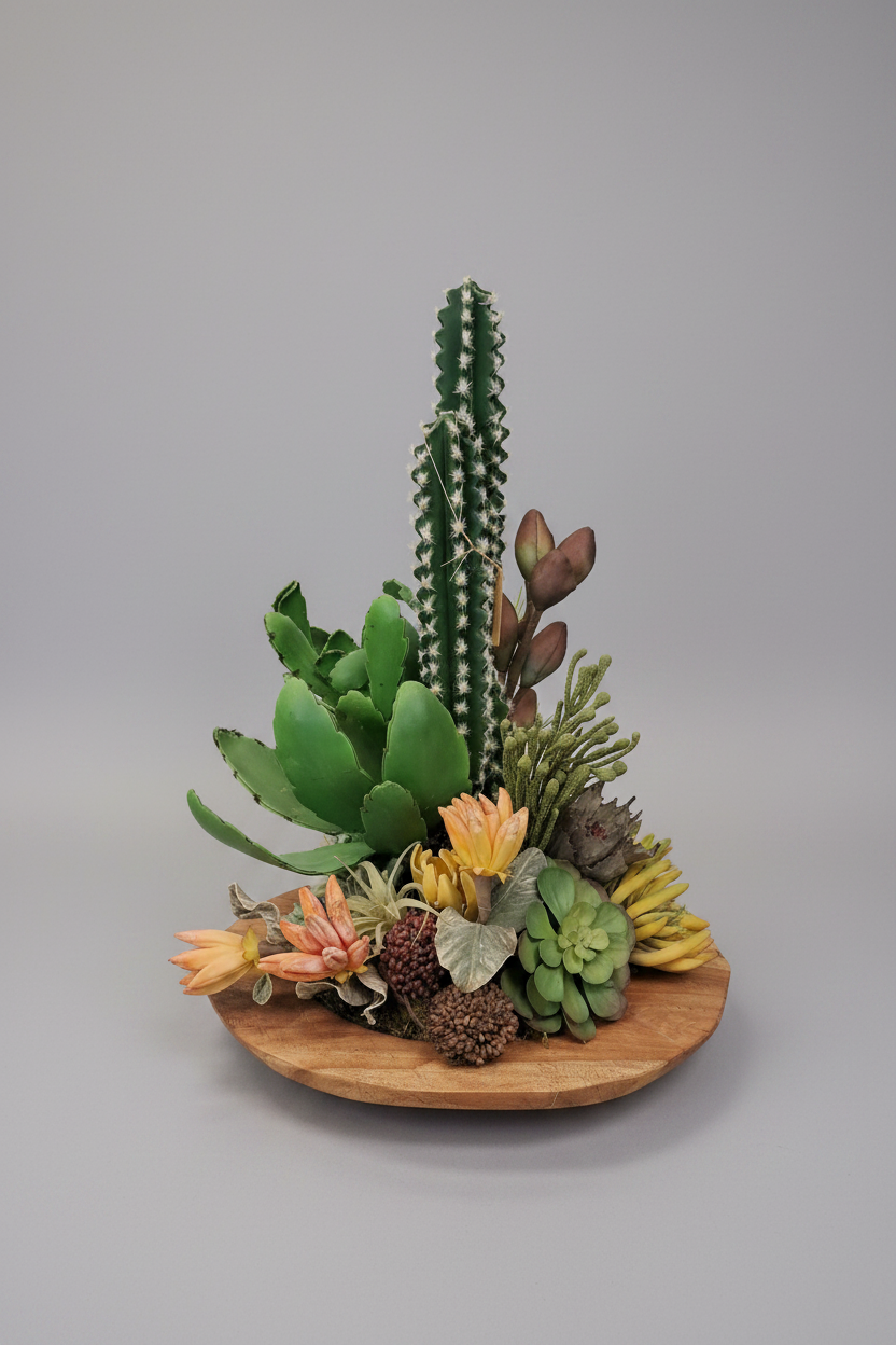 Decorative arrangement of cacti and succulents on a wooden plate against a gray background