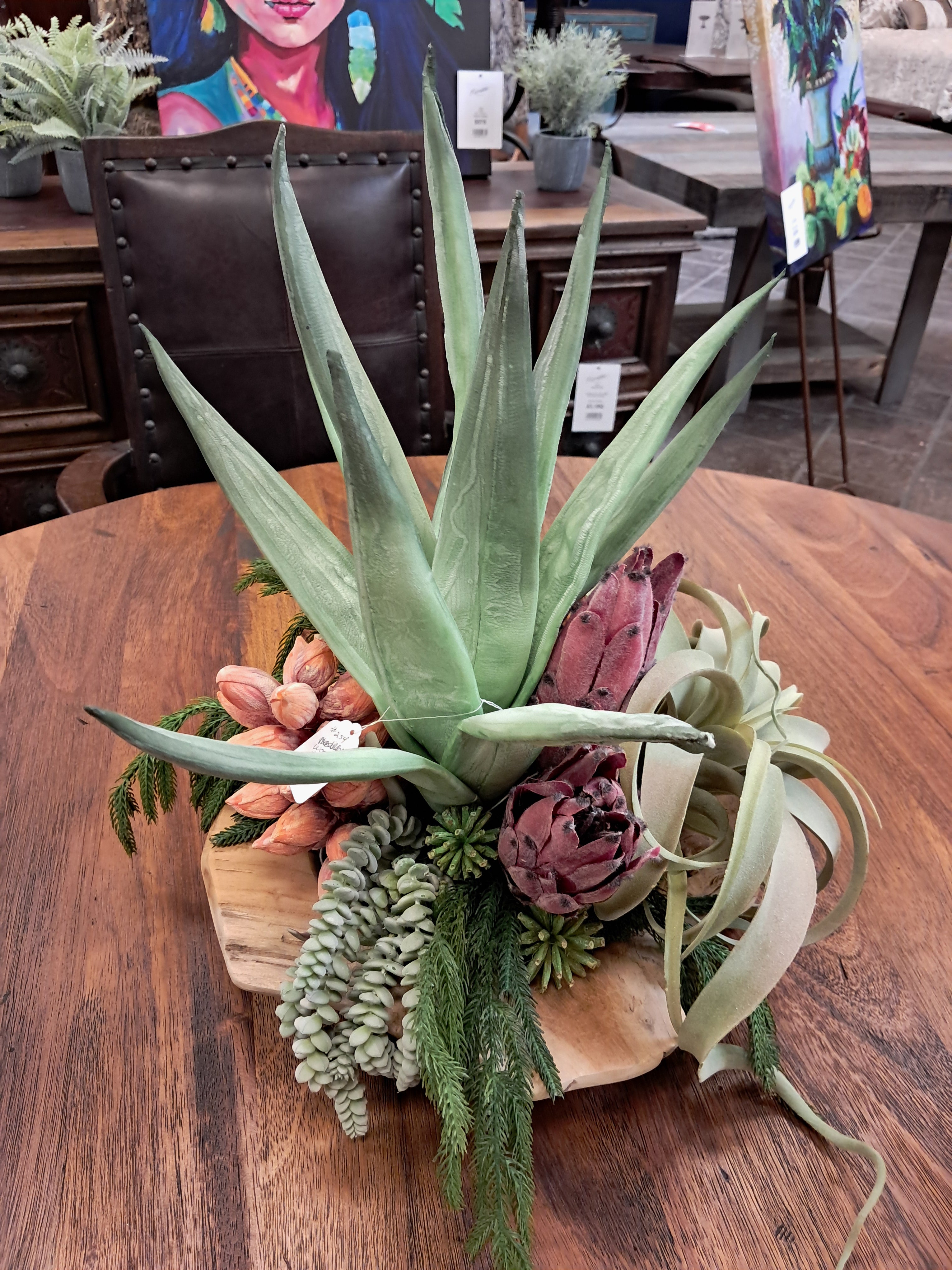 Decorative arrangement of succulents and air plants on a wooden surface with a blurred indoor setting.