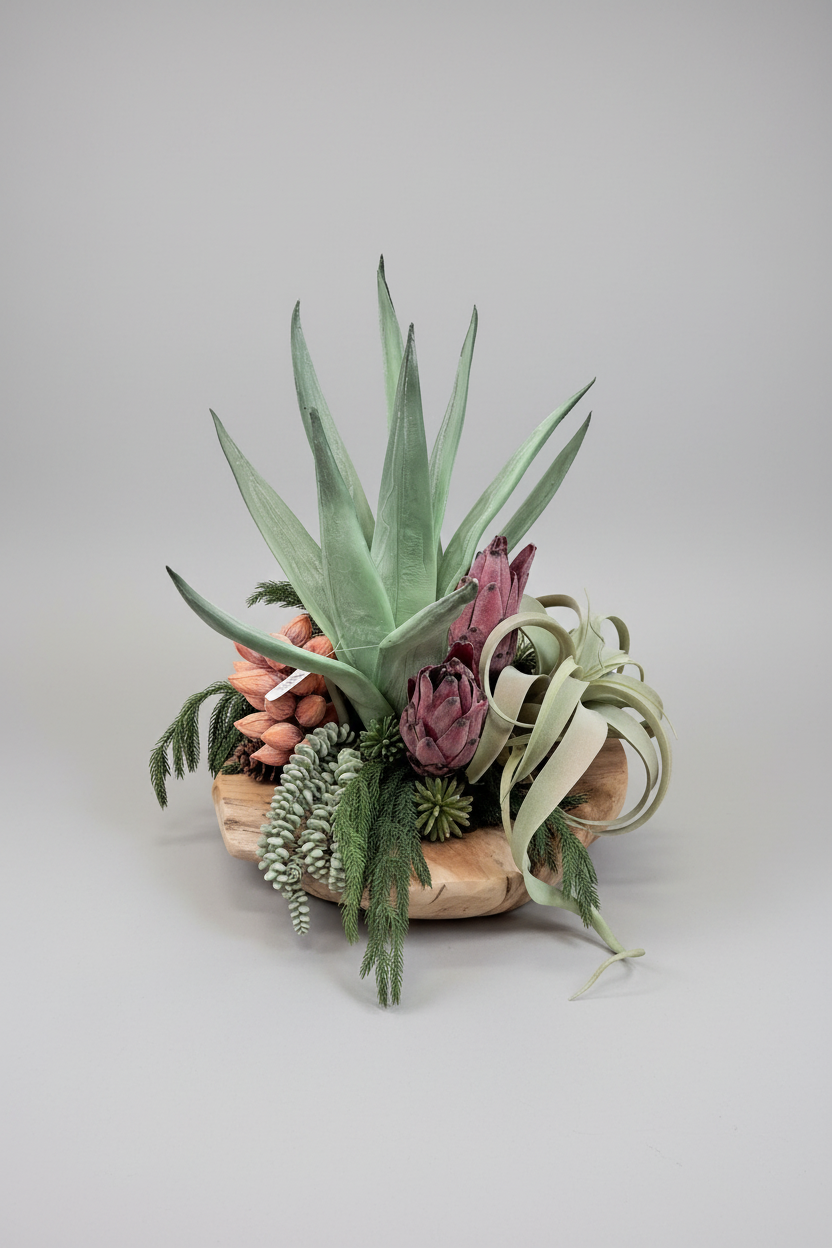 Arrangement of succulents and air plants in a wooden bowl on a light gray background