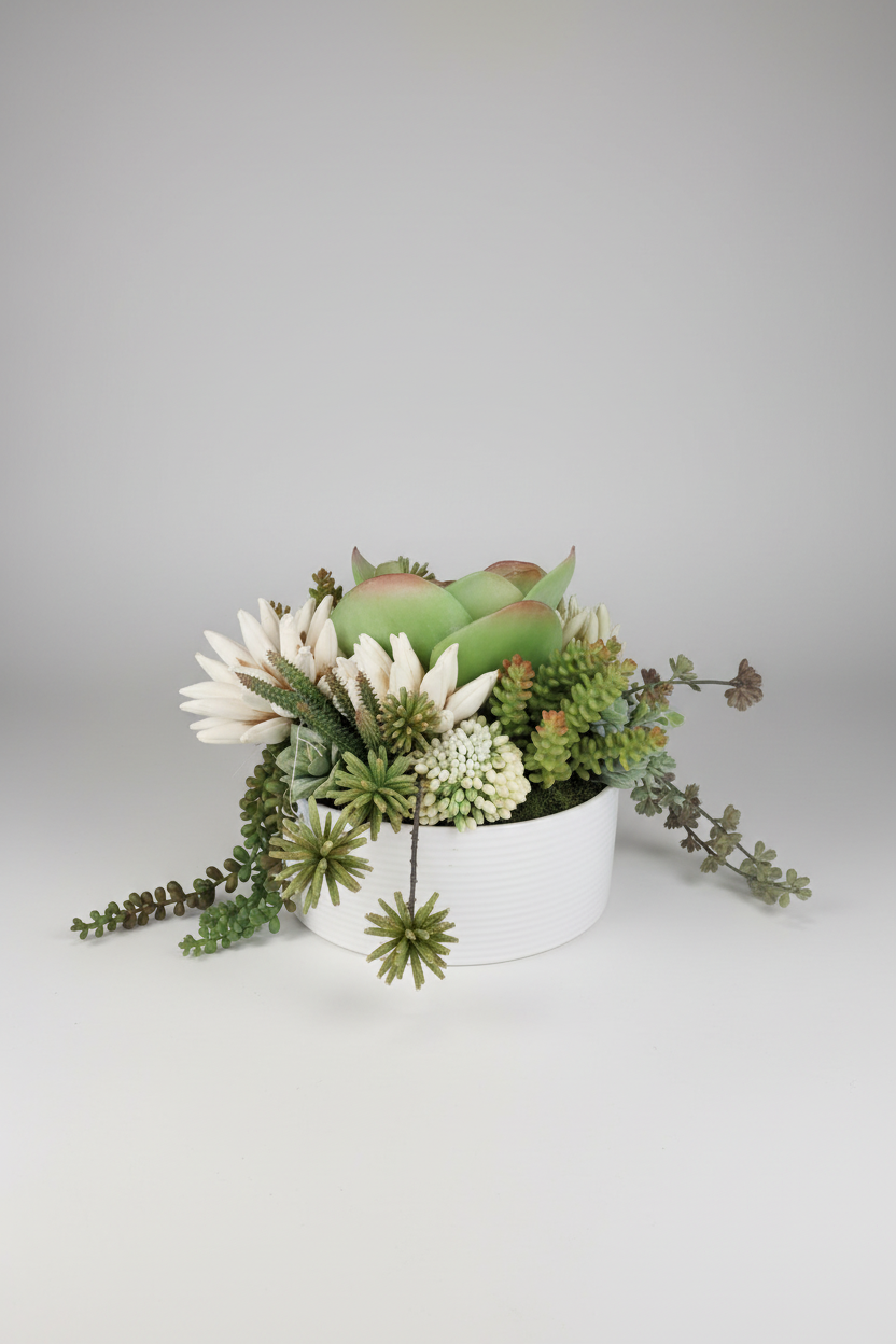 Floral arrangement with green and white flowers in a white pot on a light gray background