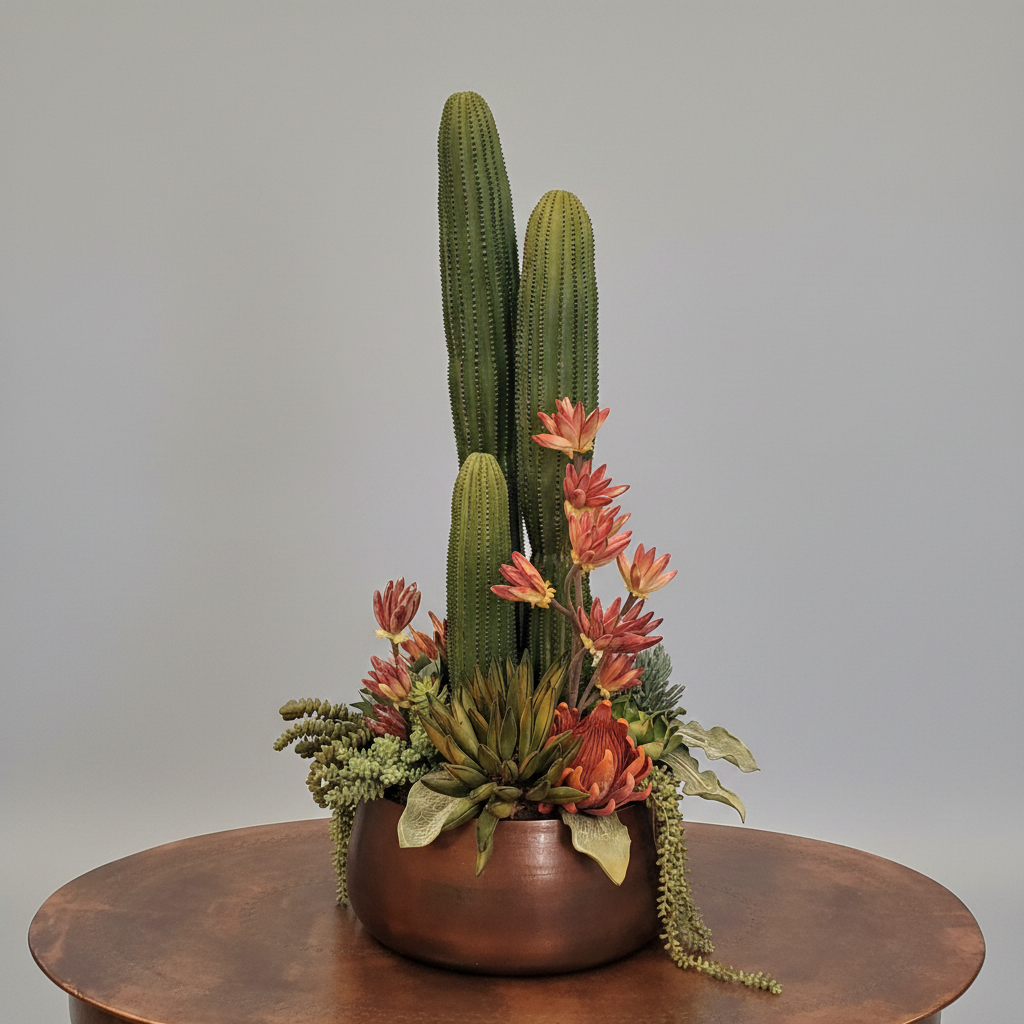 Artificial cactus and succulent arrangement in a brown pot on a wooden surface with a gray background